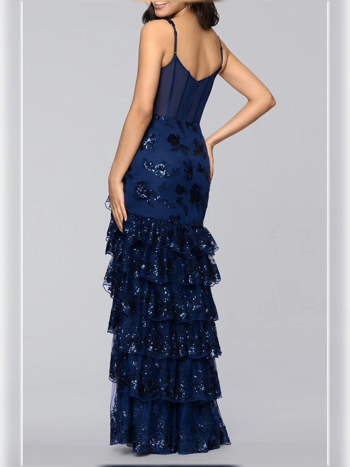Navy Blue mermaid floor-length formal dress with ruffle details, alternate view