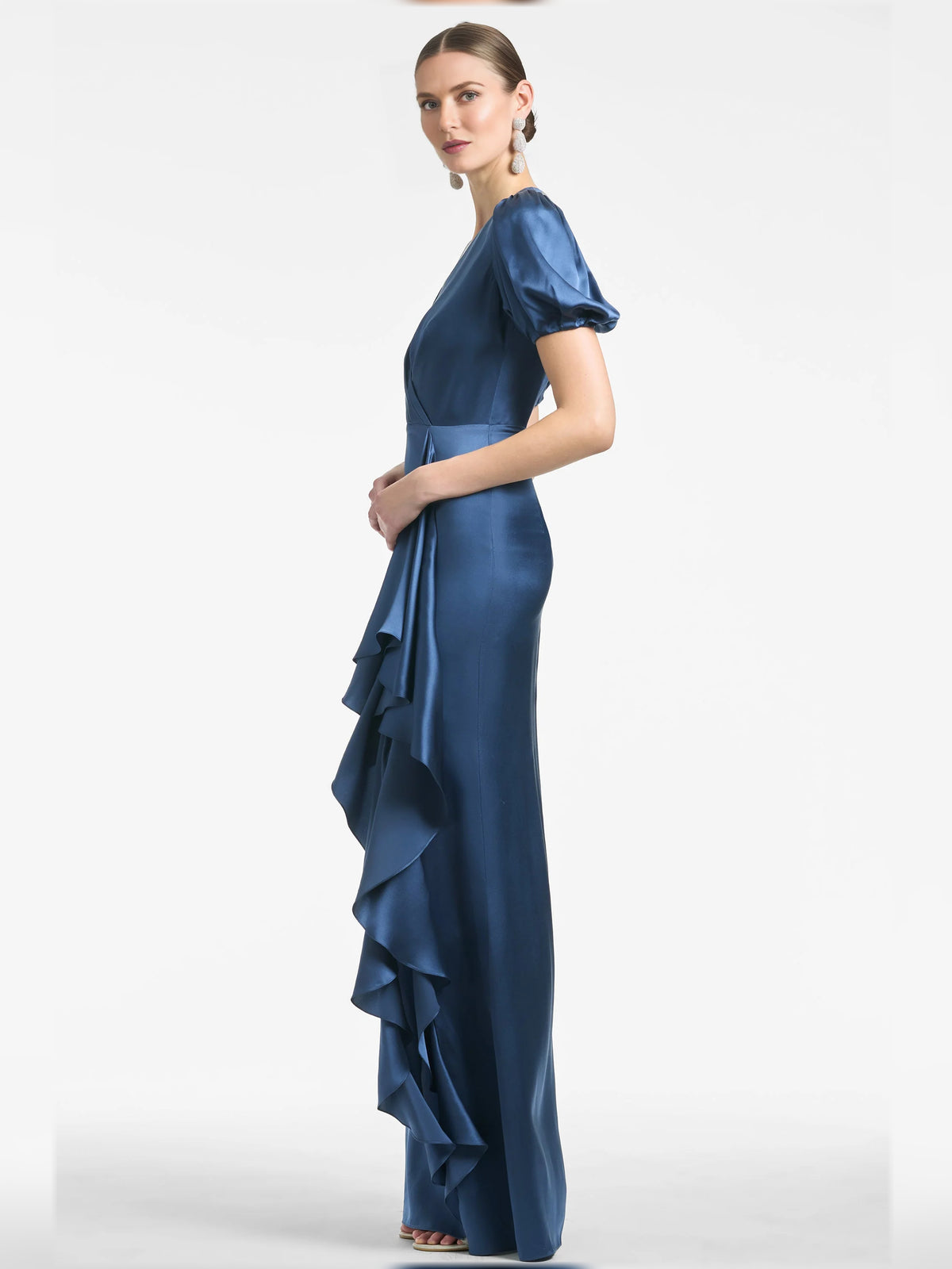 Green sheath maxi formal dress with ruffle details, alternate view showing the bodice