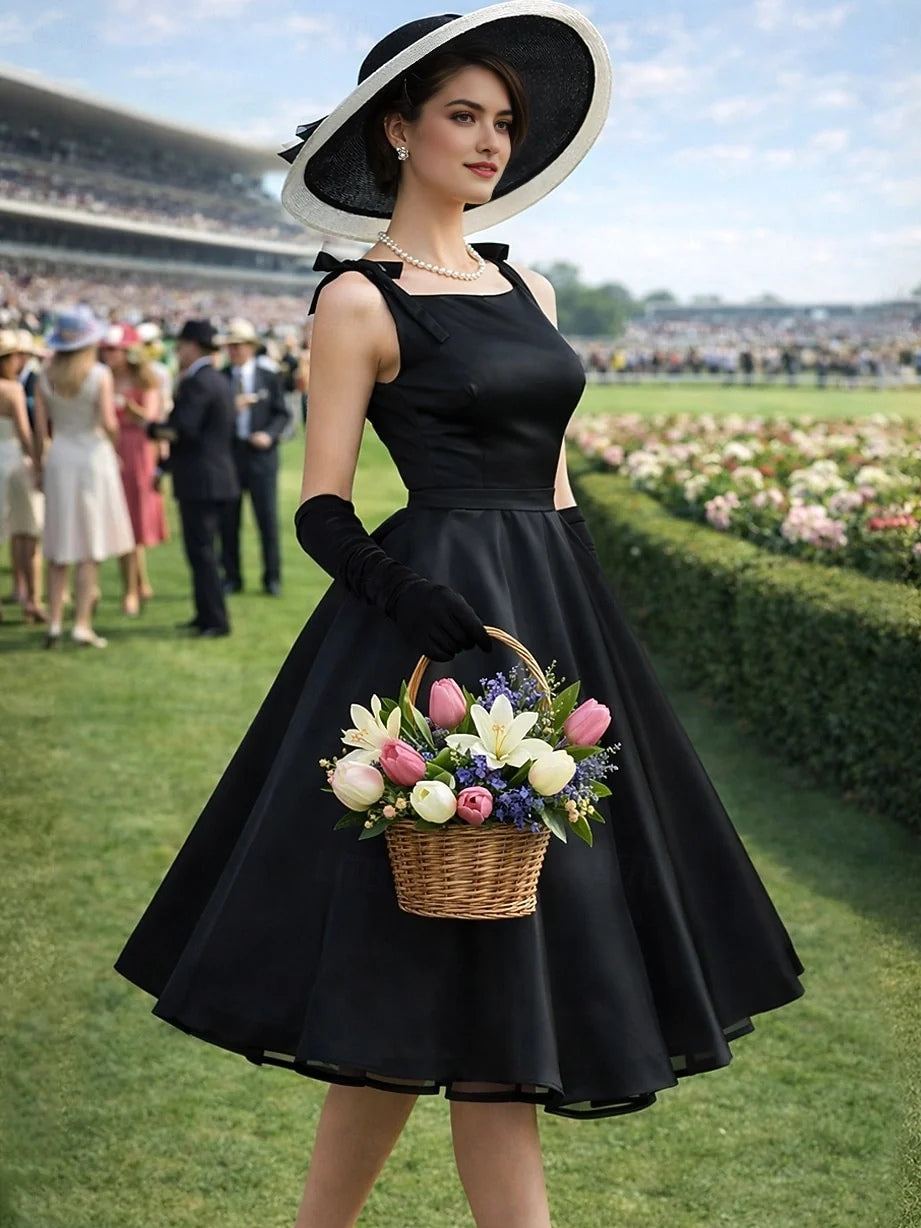 Black tea-length prom dress, alternate view showing the dress shape and hem