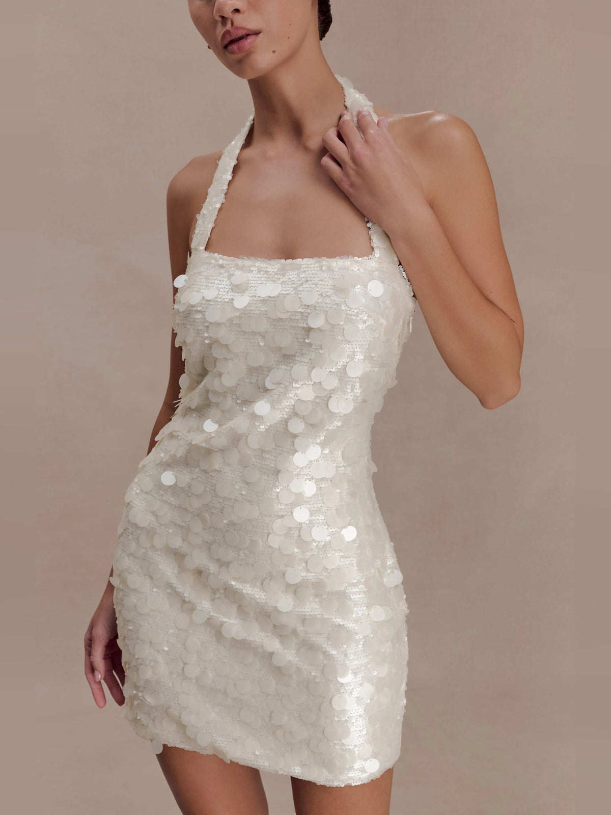 Ivory mini homecoming dress, alternate view showing the dress shape and hem