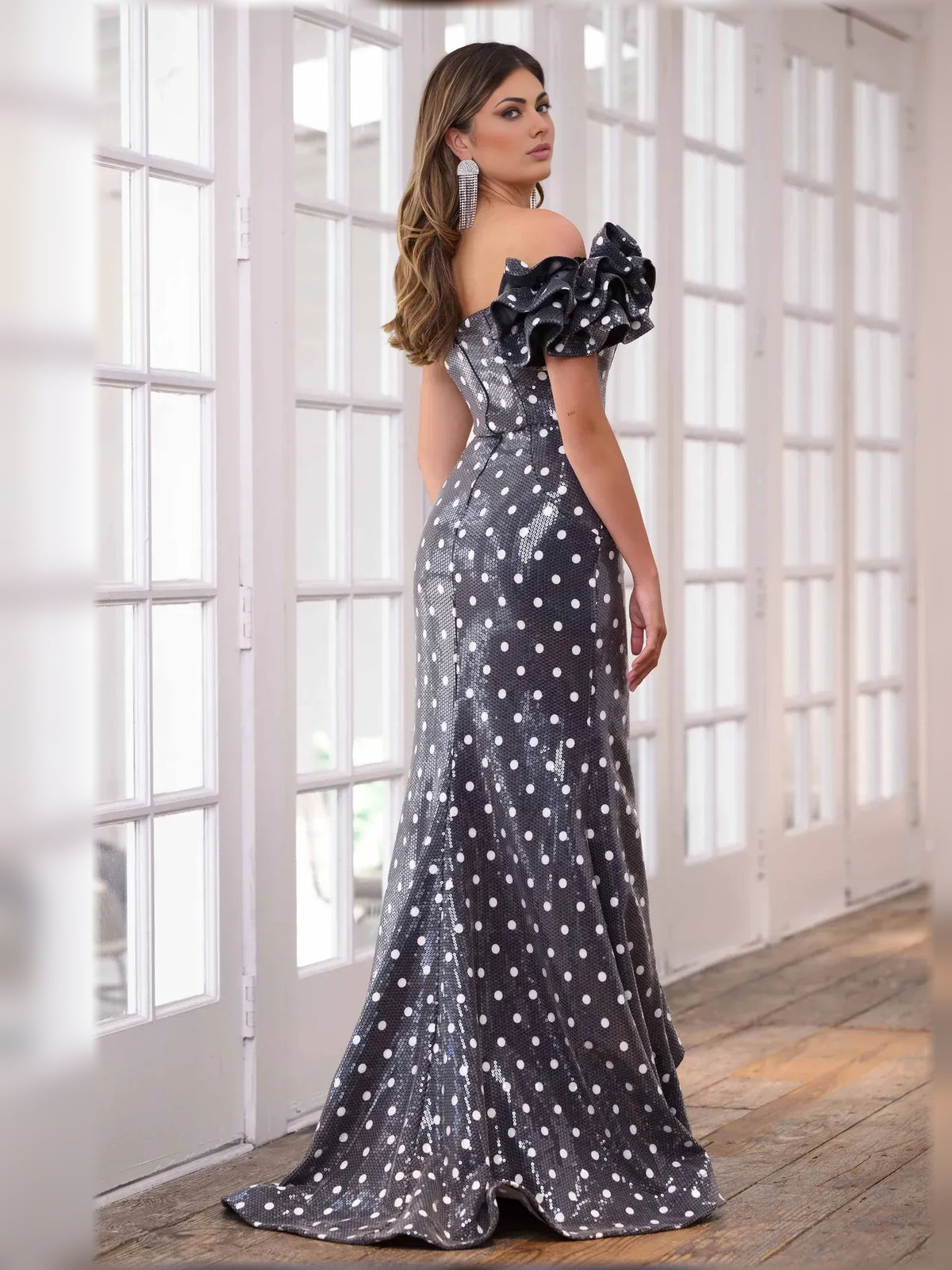 Black sheath floor-length formal dress with skirt slit, alternate view
