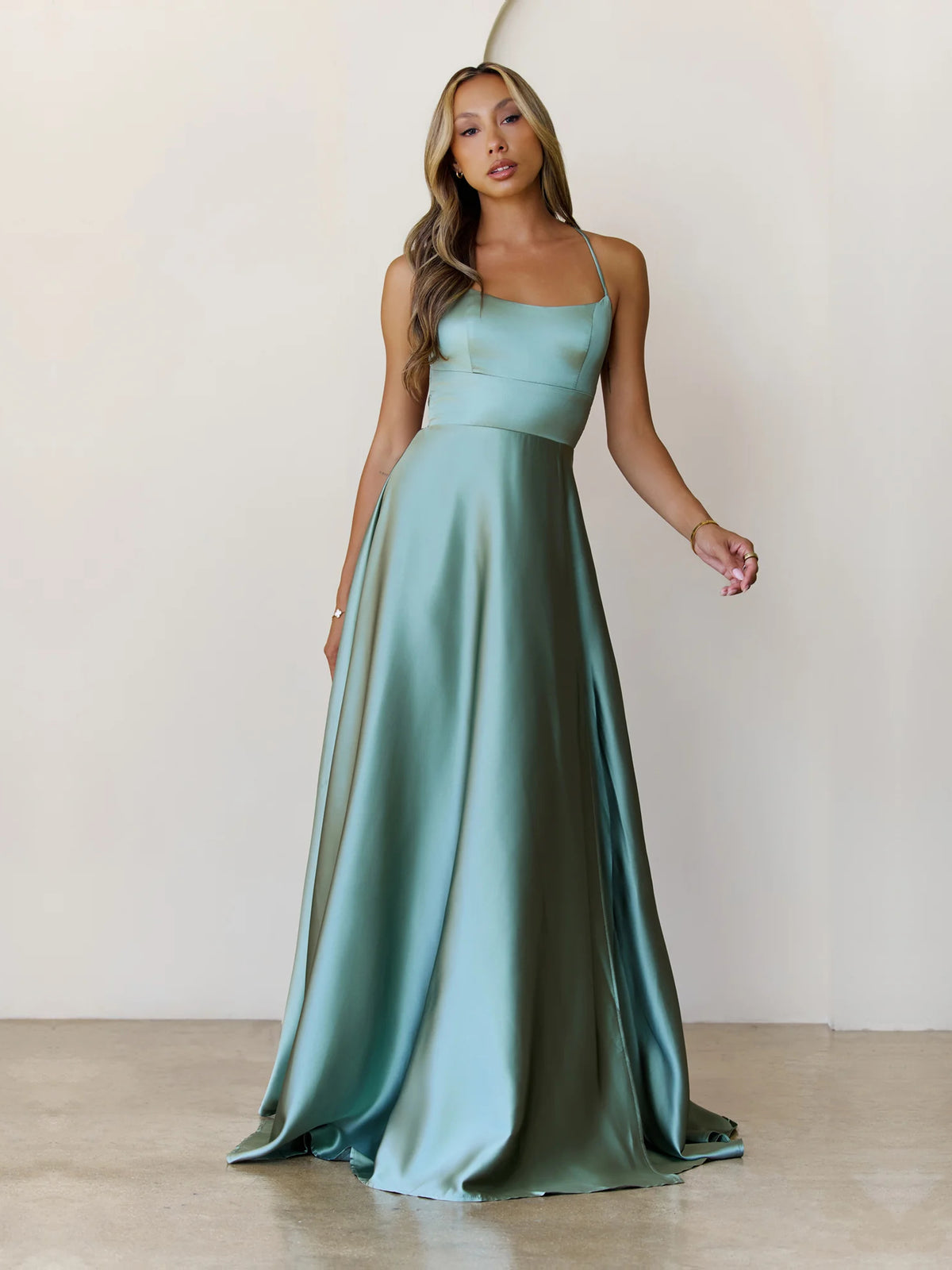 Sage a-line maxi formal dress with skirt slit, alternate view