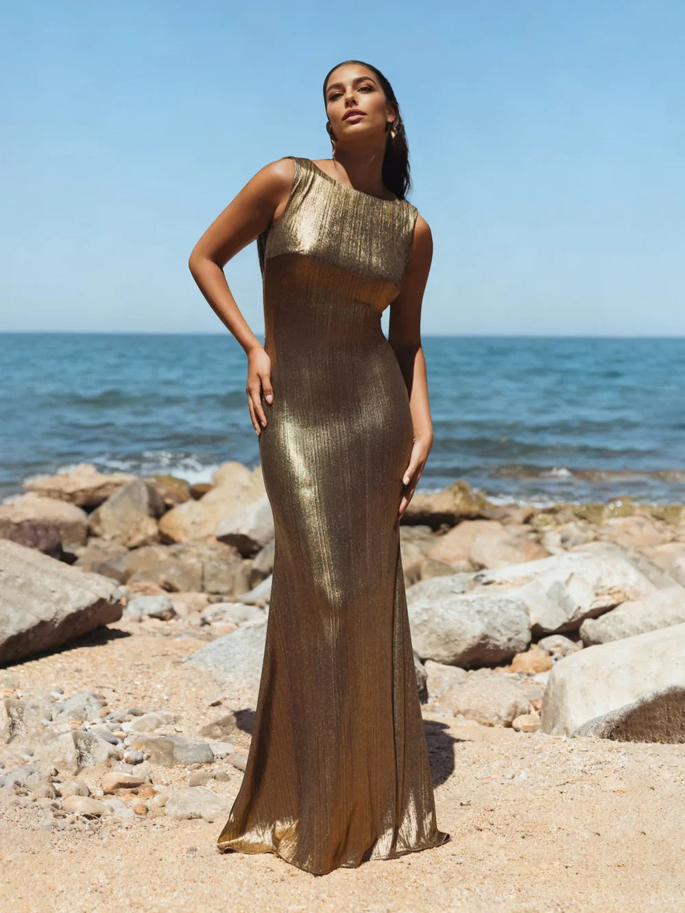 Gold mermaid floor-length formal dress with ruffle details, alternate view showing the bodice
