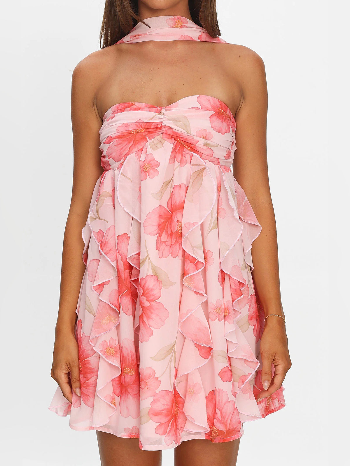 Pink mini homecoming dress, alternate view showing the dress shape and hem