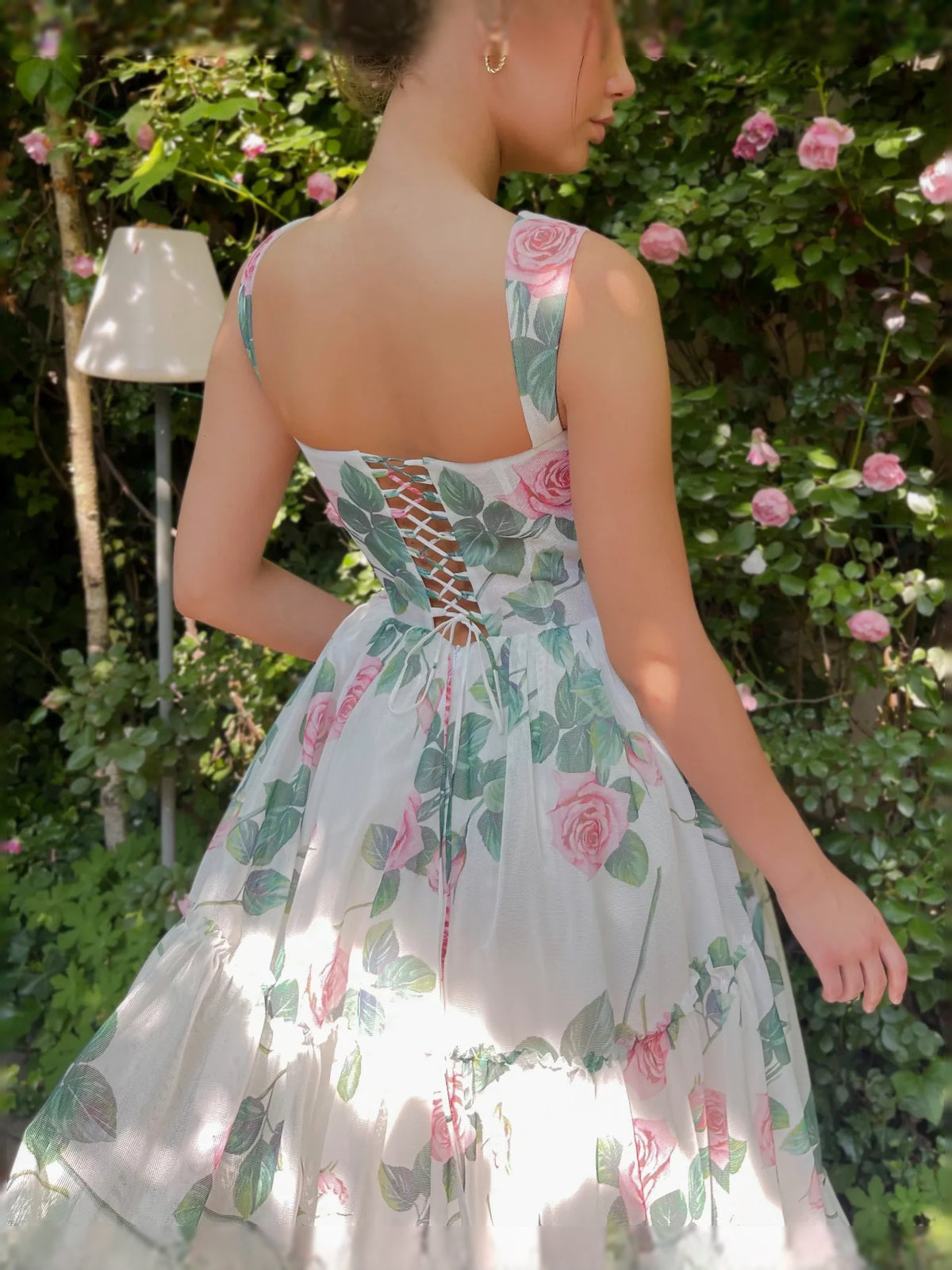 Floral maxi prom dress, alternate view showing the dress shape and hem