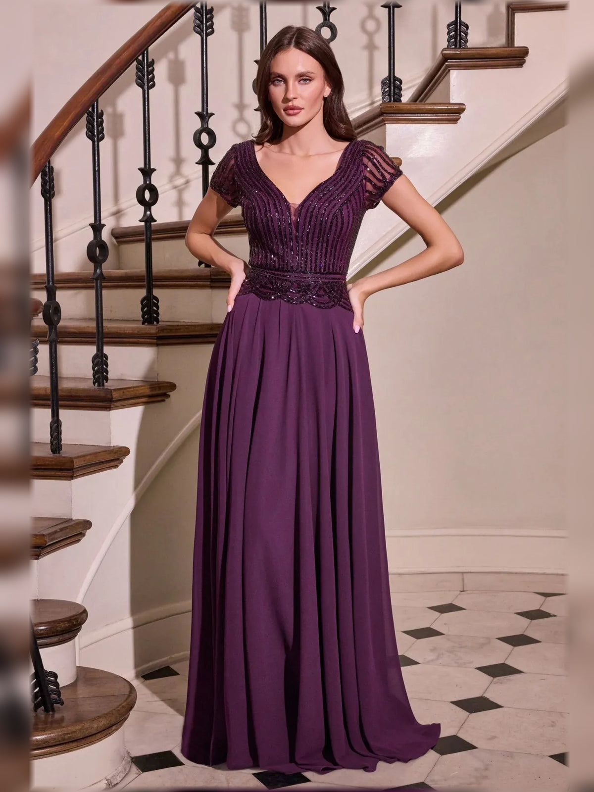 Deep Purple short mother of the bride dress, alternate view showing the dress shape and hem