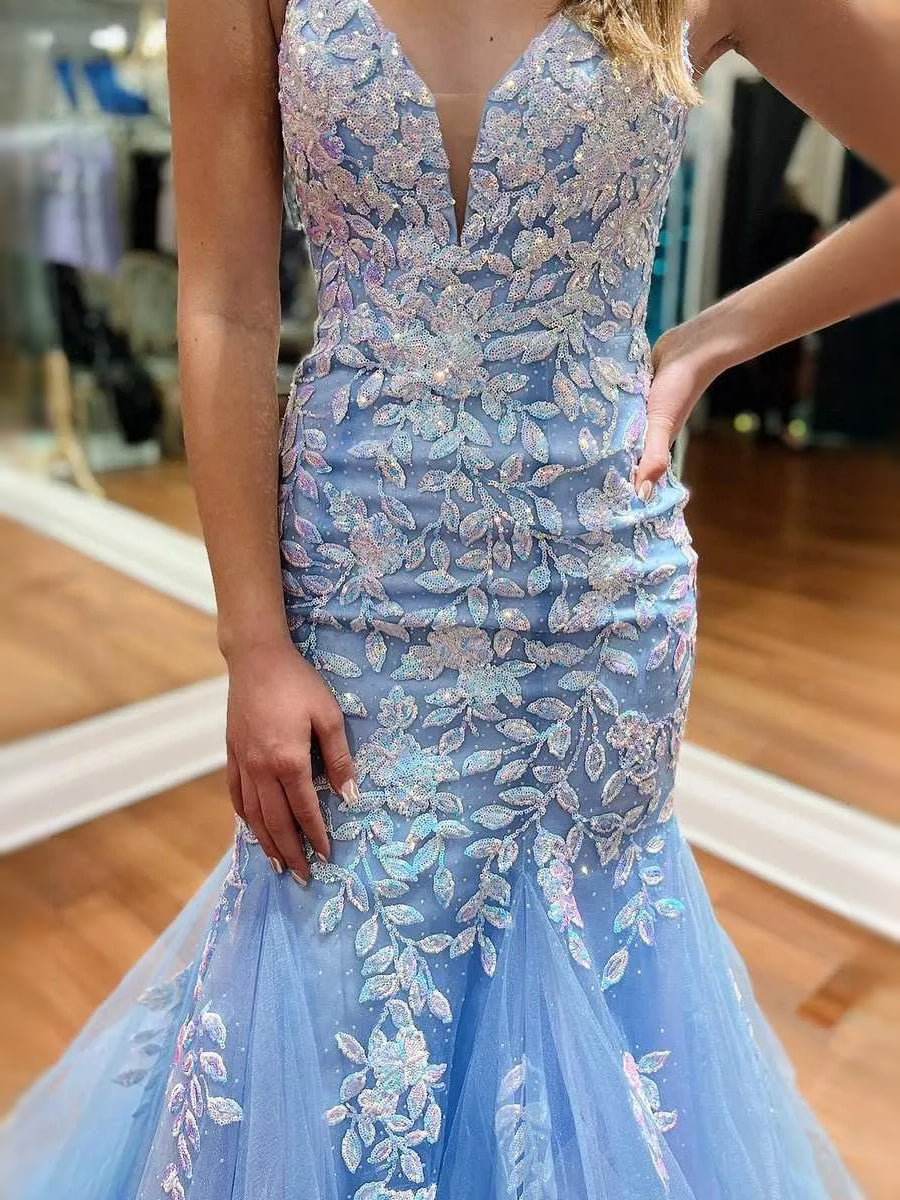 Sky Blue maxi prom dress, alternate view showing the dress shape and hem