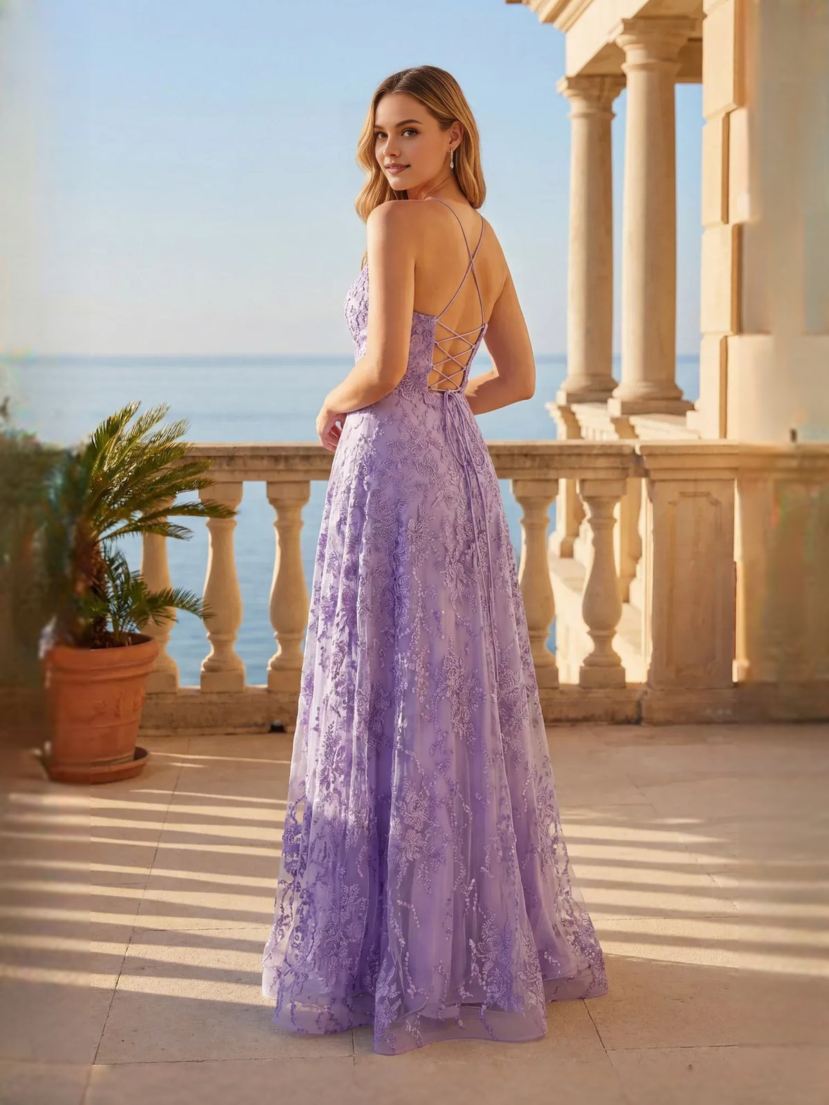 Lilac floor-length prom dress, back view showing the rear of the dress from another angle