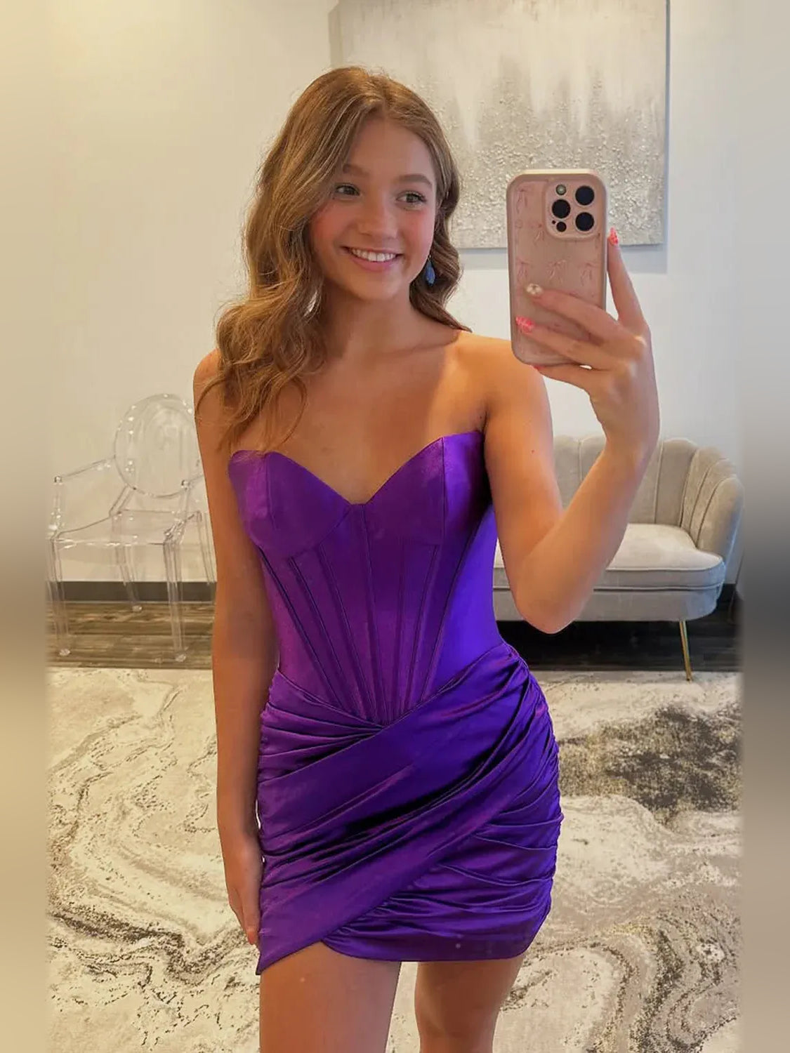 Purple mini homecoming dress, alternate view showing the dress shape and hem