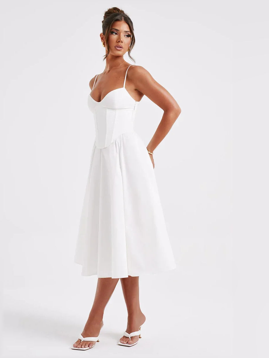 White a-line tea-length formal dress with draping, alternate view