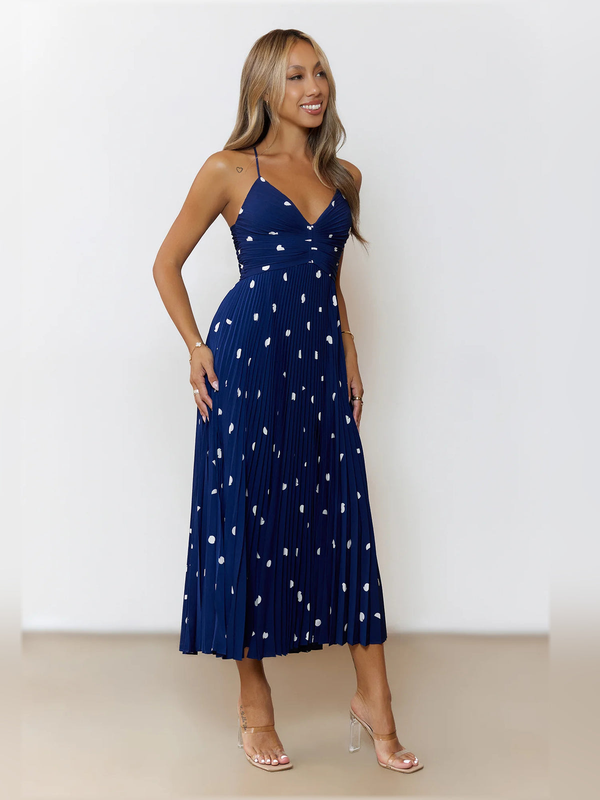 Navy midi formal dress, alternate view showing the bodice