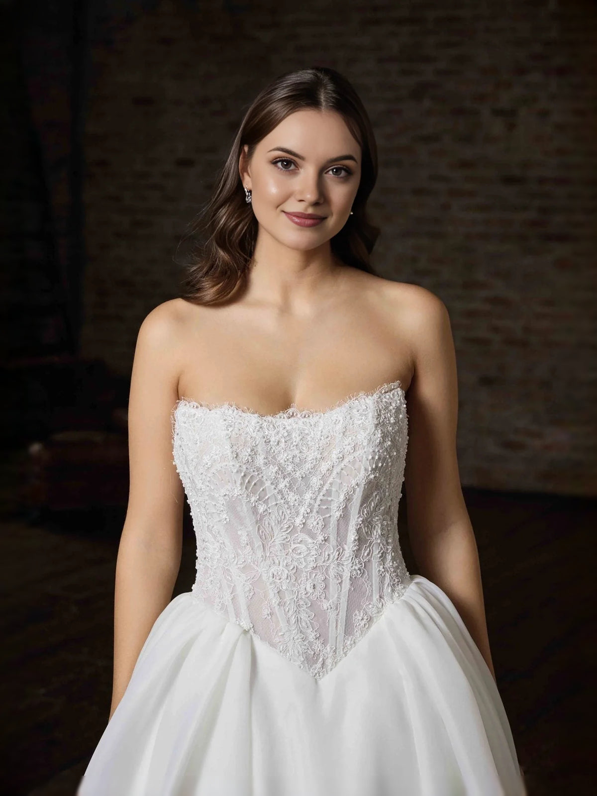 Ivory floor-length wedding dress, alternate view showing the dress shape and hem