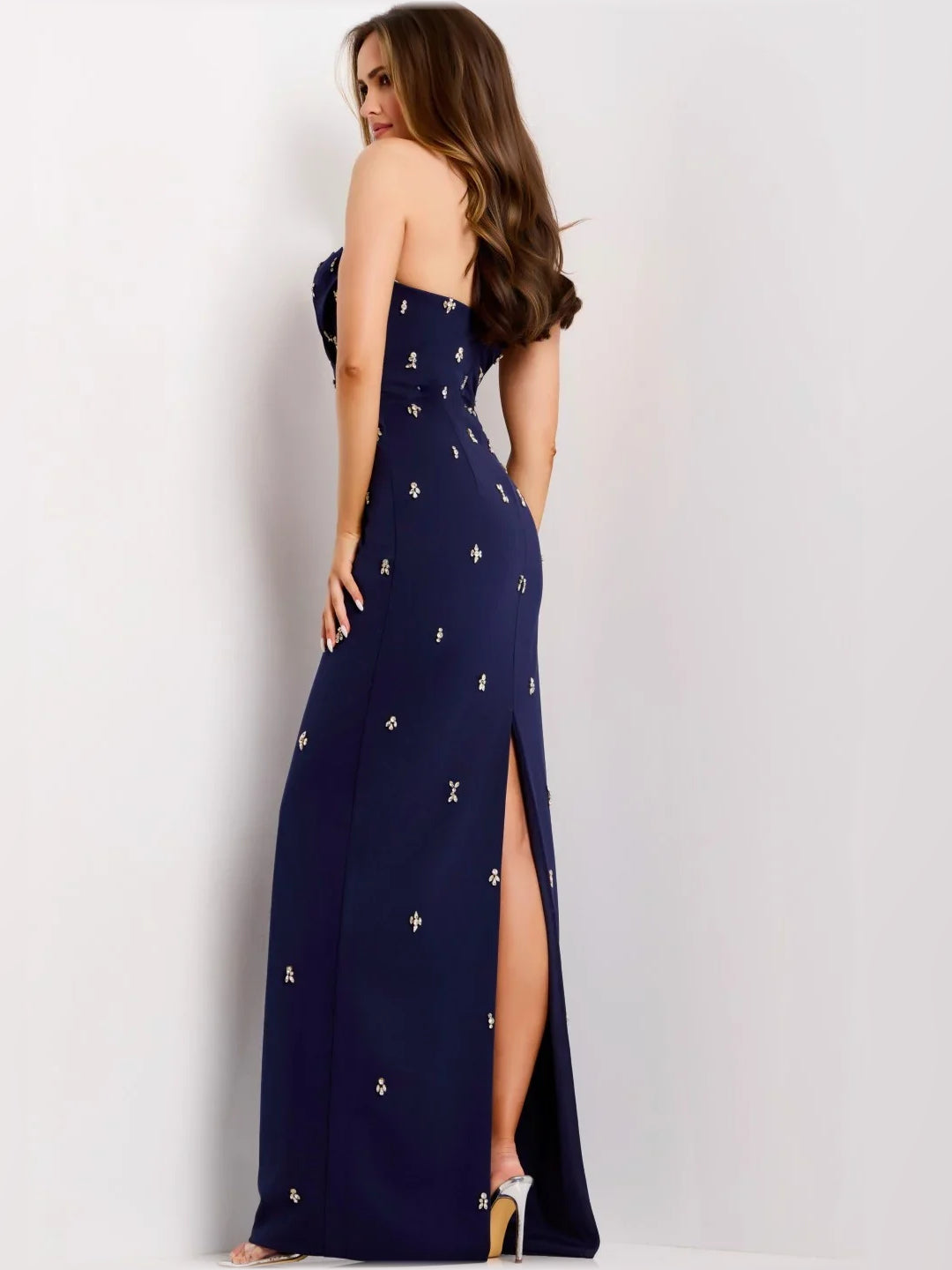 Navy Blue mermaid floor-length formal dress with skirt slit, alternate view
