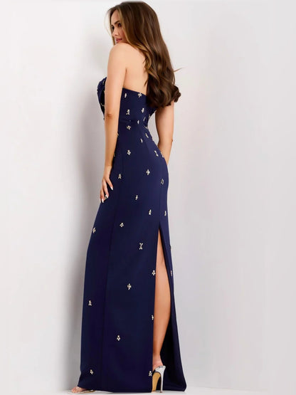 Navy Blue mermaid floor-length formal dress with skirt slit, alternate view
