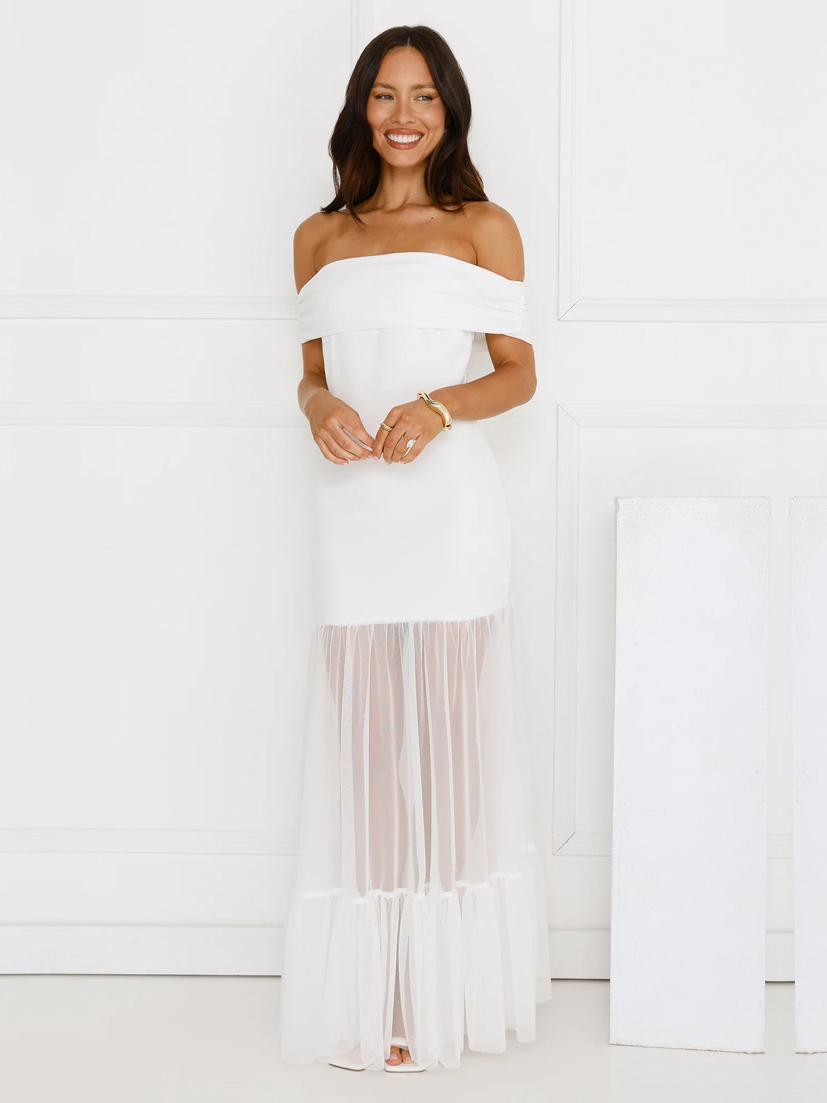 White sheath maxi formal dress with off-the-shoulder neckline, alternate view