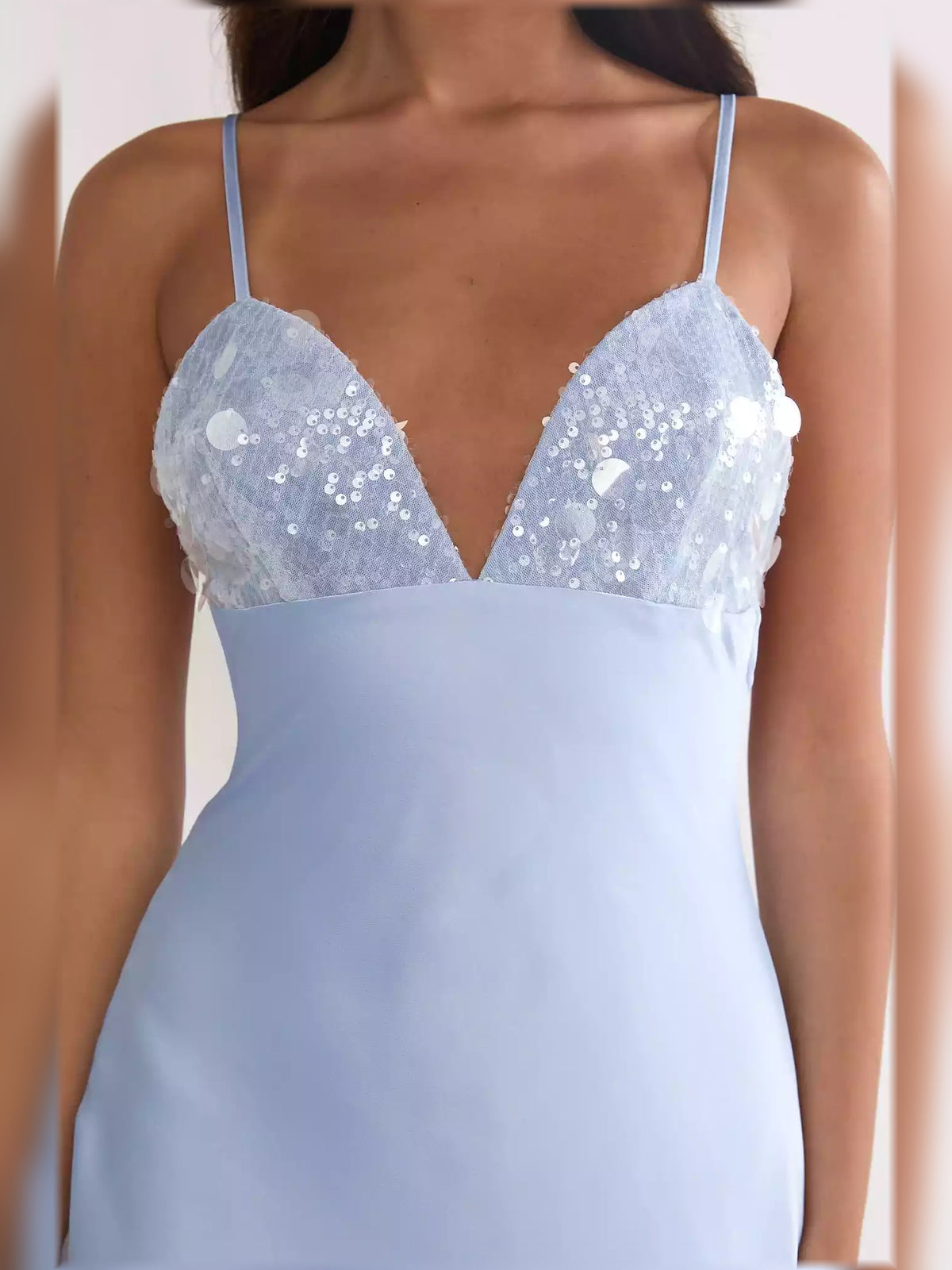 Light Blue sheath floor-length formal dress with sequins, alternate view showing the bodice