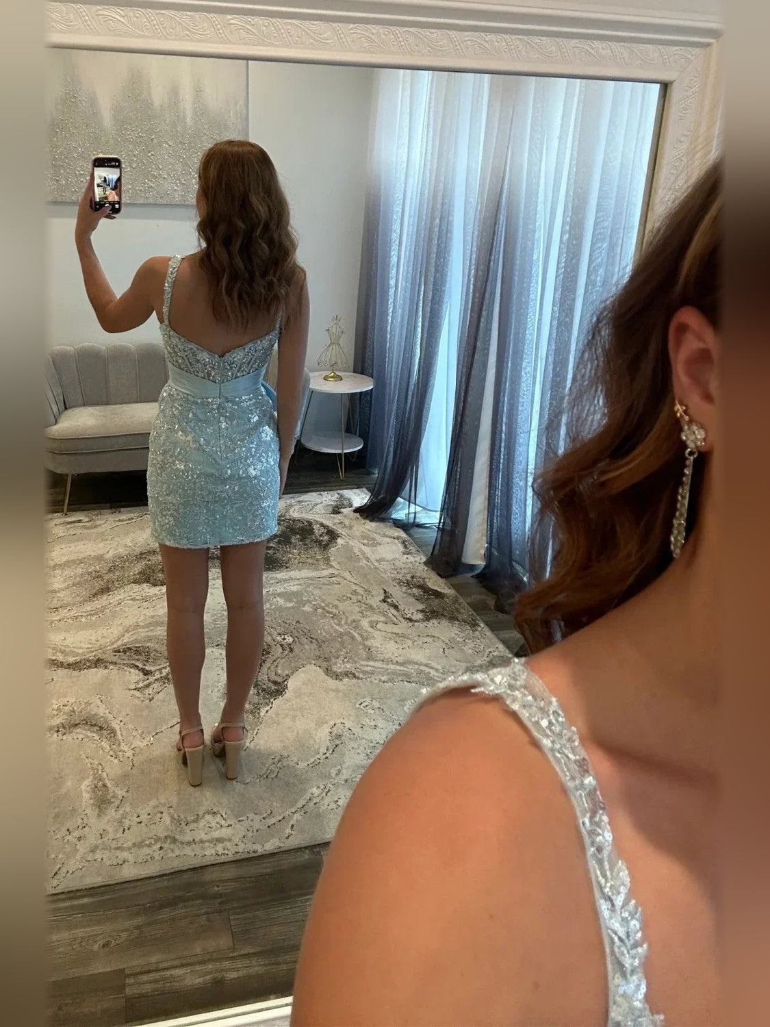 Light Blue mini homecoming dress, alternate view showing the dress shape and hem