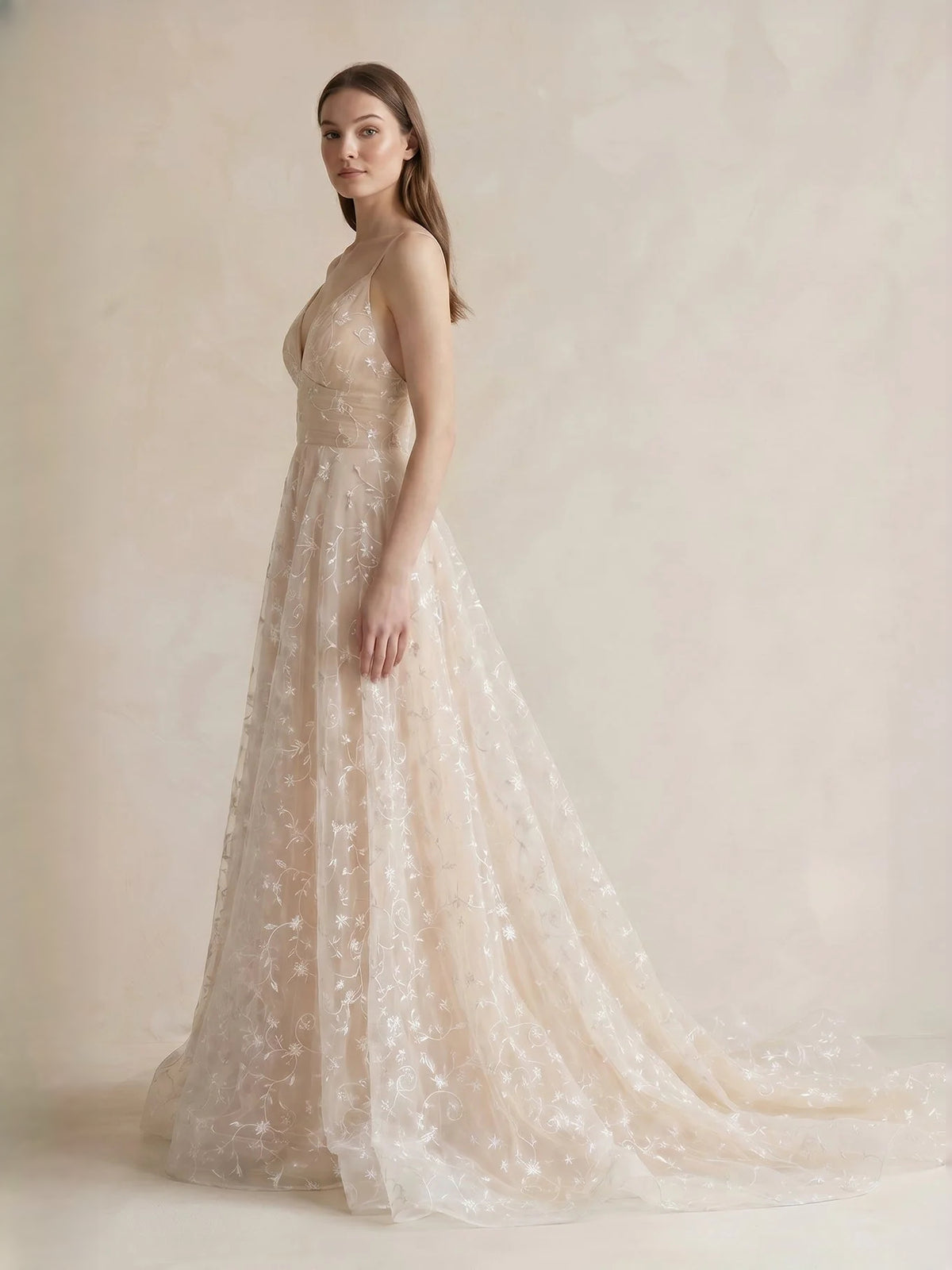 Champagne floor-length bridesmaid dress, alternate view showing the dress shape and hem