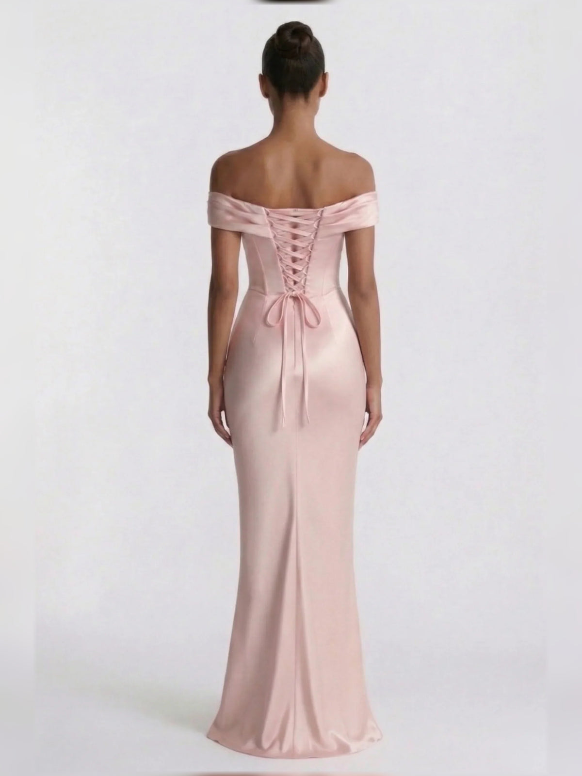 Blush Pink sheath floor-length formal dress with corset-style bodice, alternate view