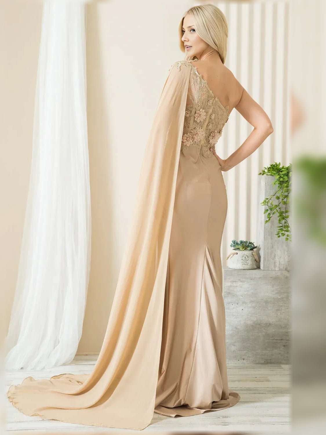 Champagne mermaid floor-length formal dress with floral print, alternate view showing the bodice