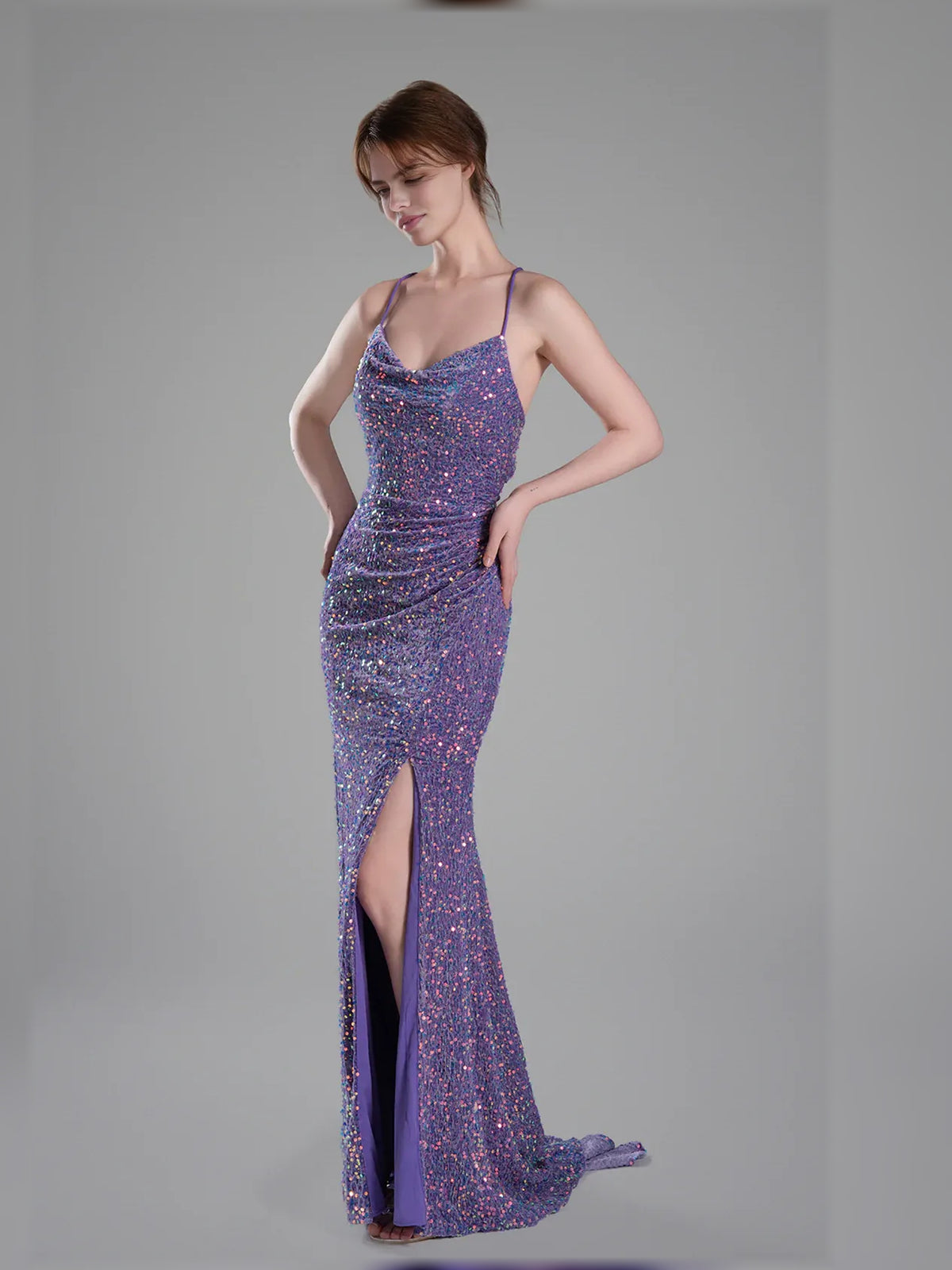 Lilac mermaid floor-length formal dress with skirt slit, alternate view