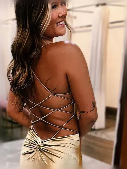 Gold mermaid floor-length formal dress with draping, alternate view