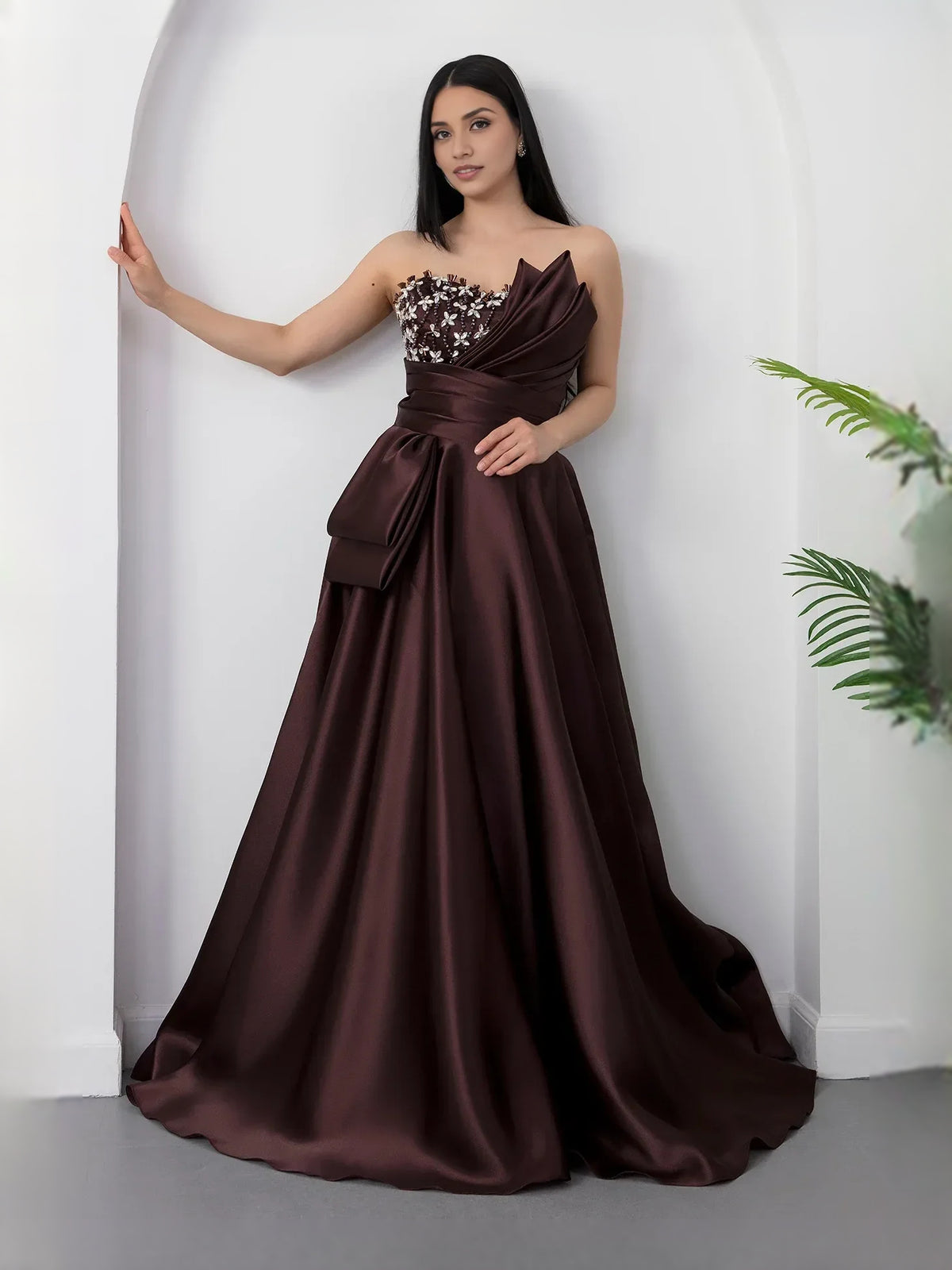 Espresso floor-length prom dress, alternate view showing the dress shape and hem