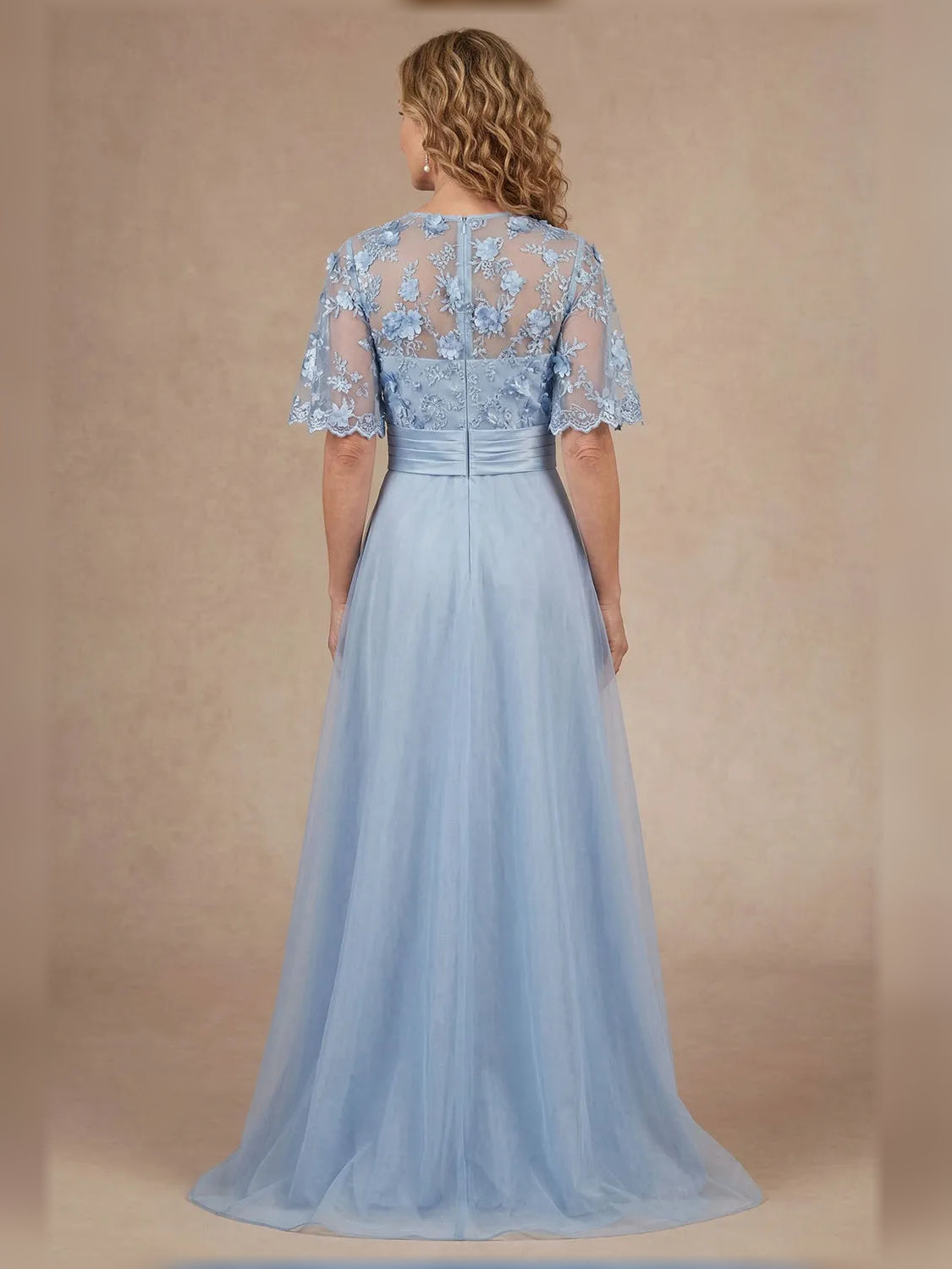 Light Blue short mother of the bride dress, alternate view showing the dress shape and hem