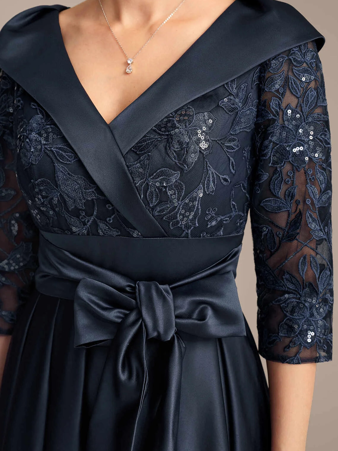 Dark Navy floor-length mother of the bride dress, alternate view showing the dress shape and hem