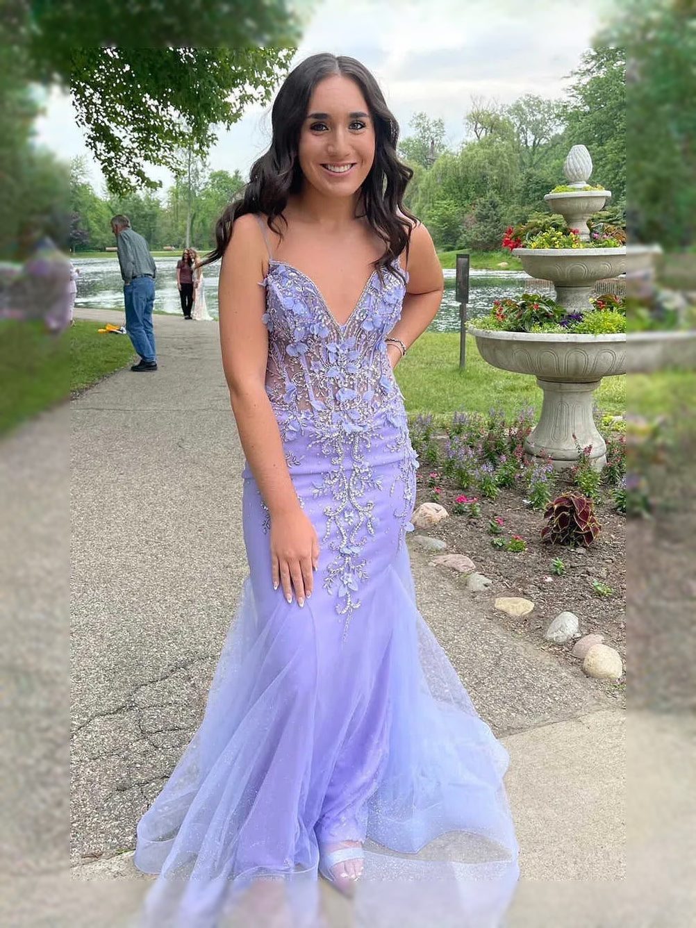 Lavender maxi prom dress, alternate view showing the dress shape and hem