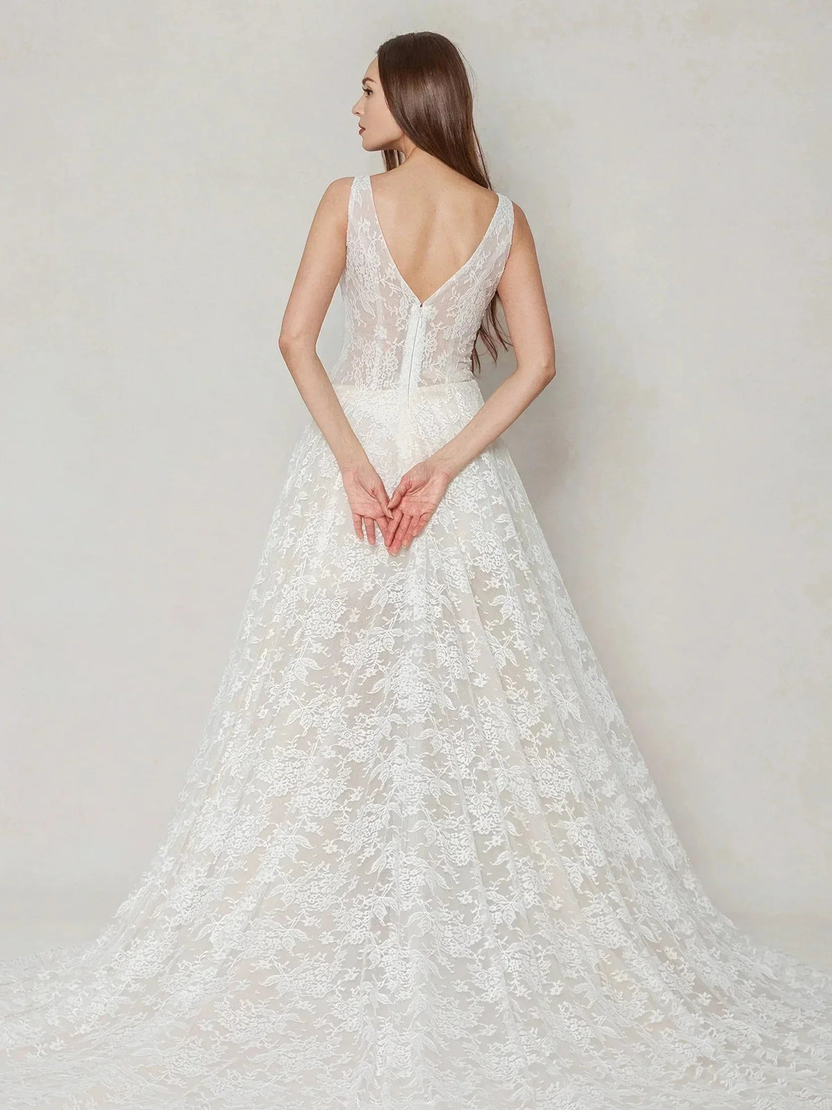 Ivory floor-length wedding dress, alternate view showing the dress shape and hem