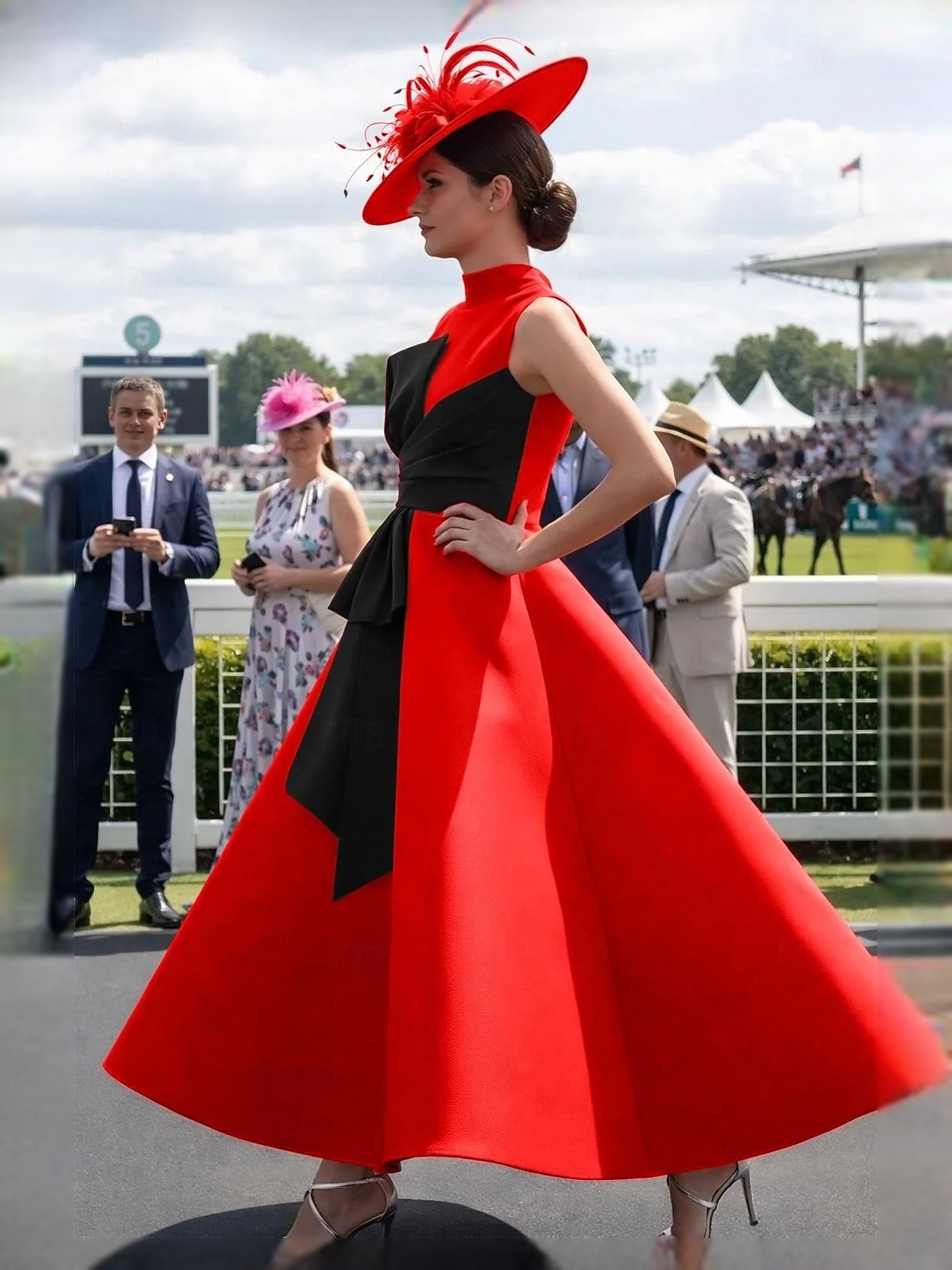 Red midi prom dress, alternate view showing the dress shape and hem