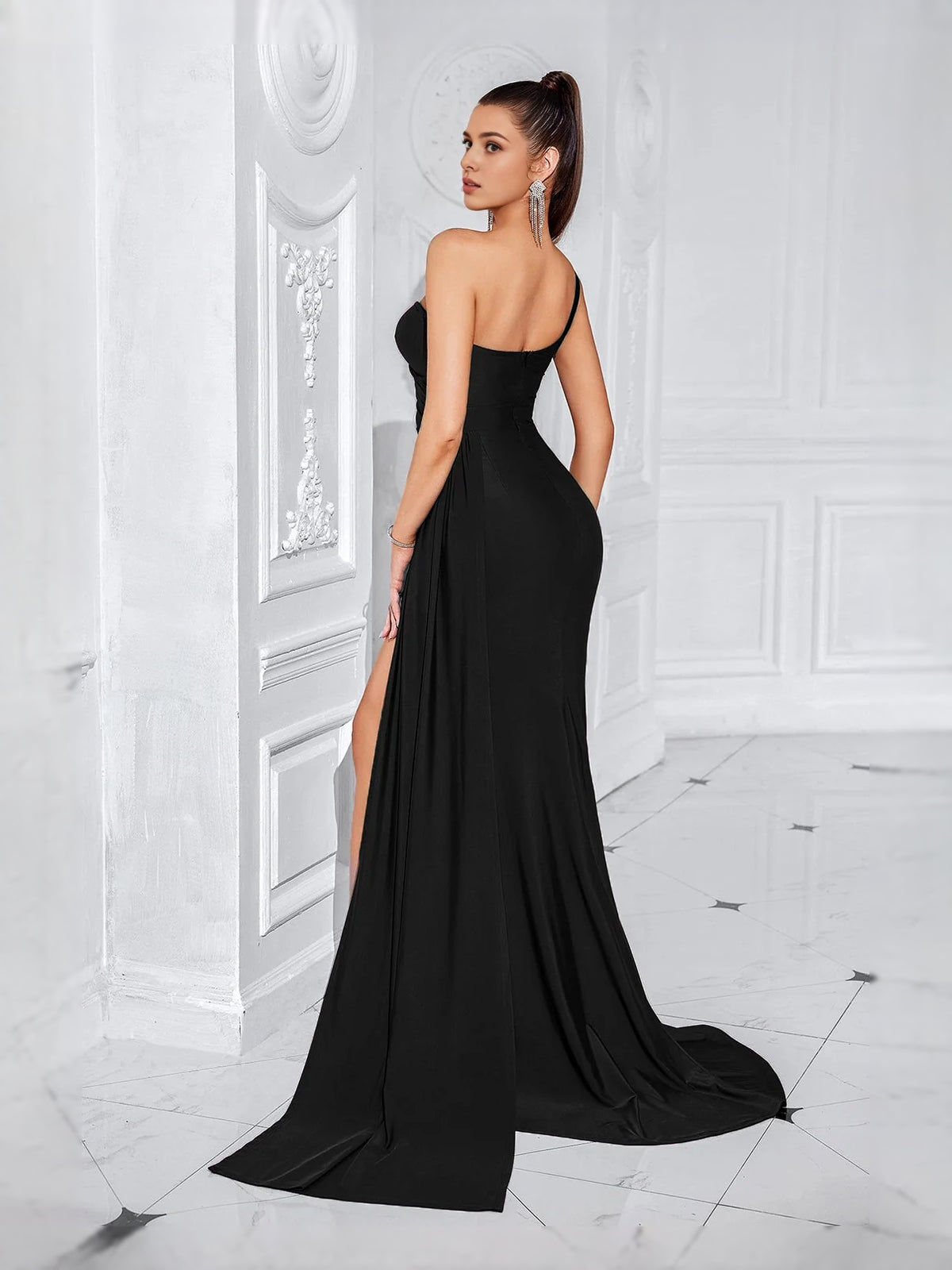 Black floor-length prom dress, alternate view showing the dress shape and hem