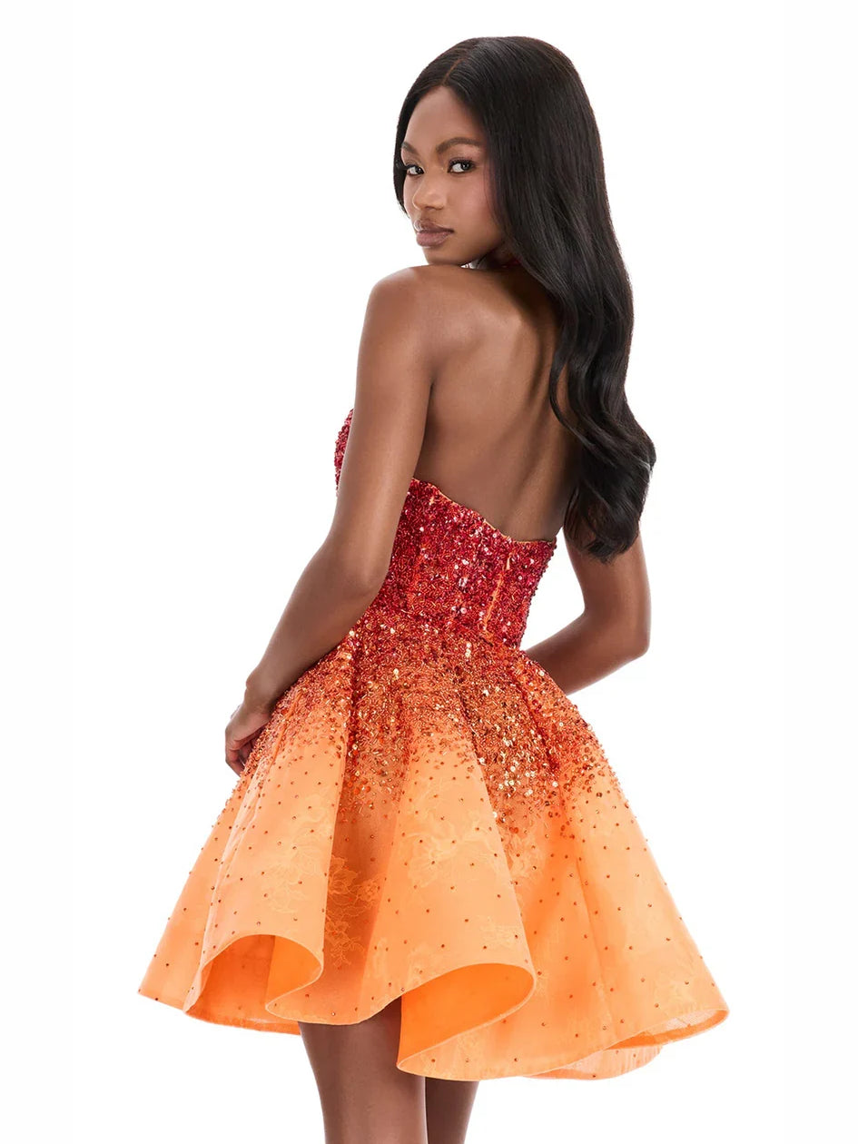 Blue mini homecoming dress, alternate view showing the dress shape and hem