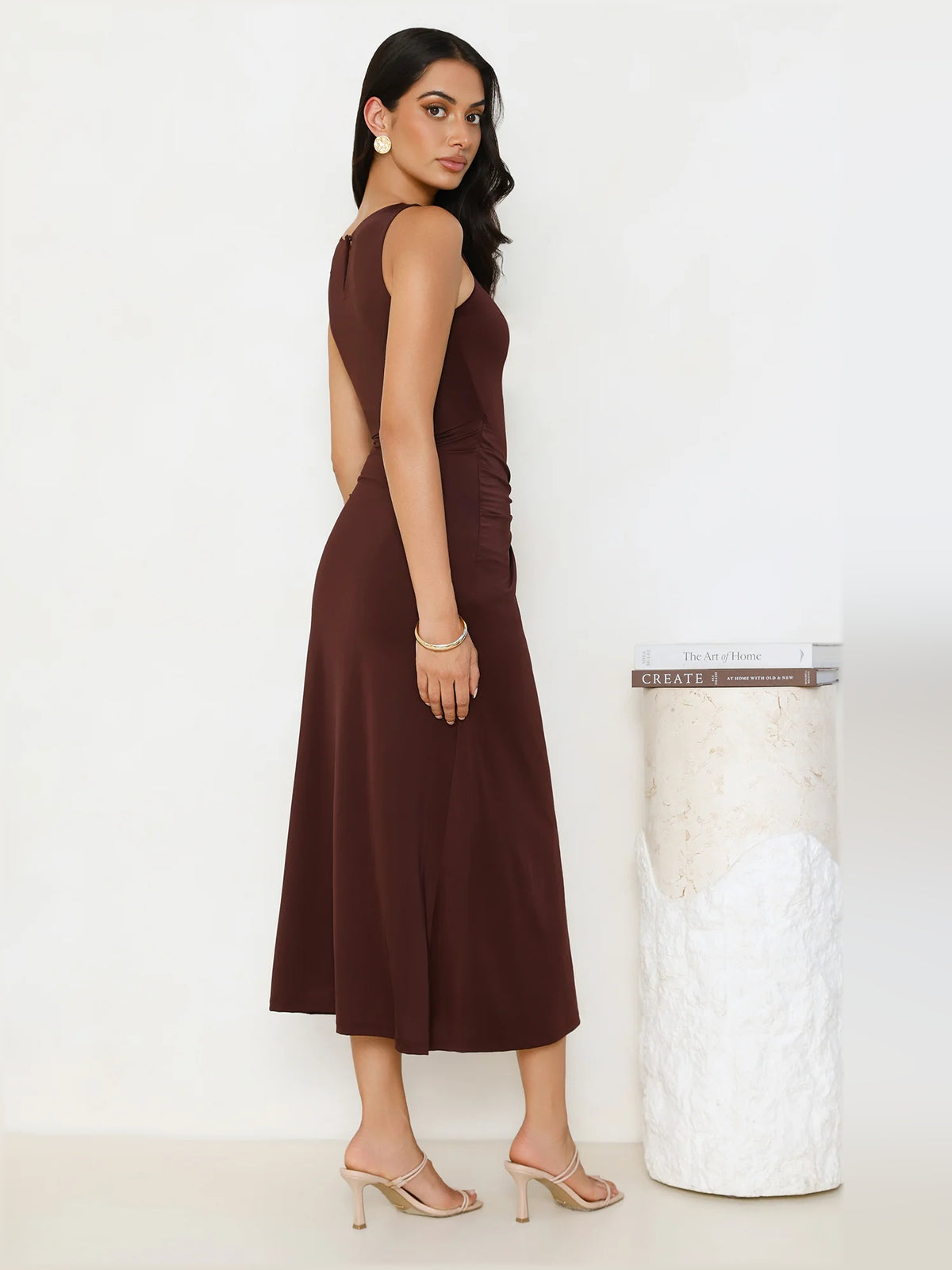 Chocolate midi formal dress, alternate view showing the bodice