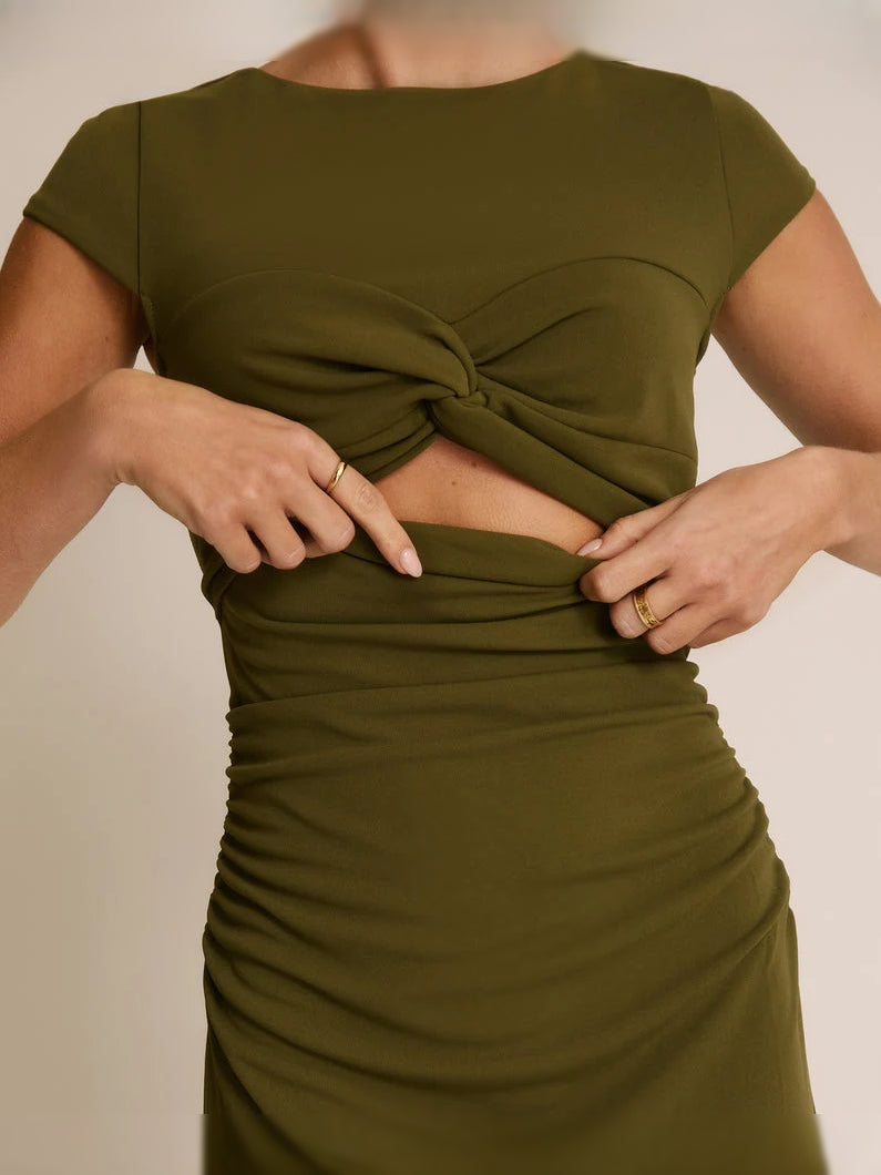 Olive Green short bridesmaid dress, alternate view showing the dress shape and hem