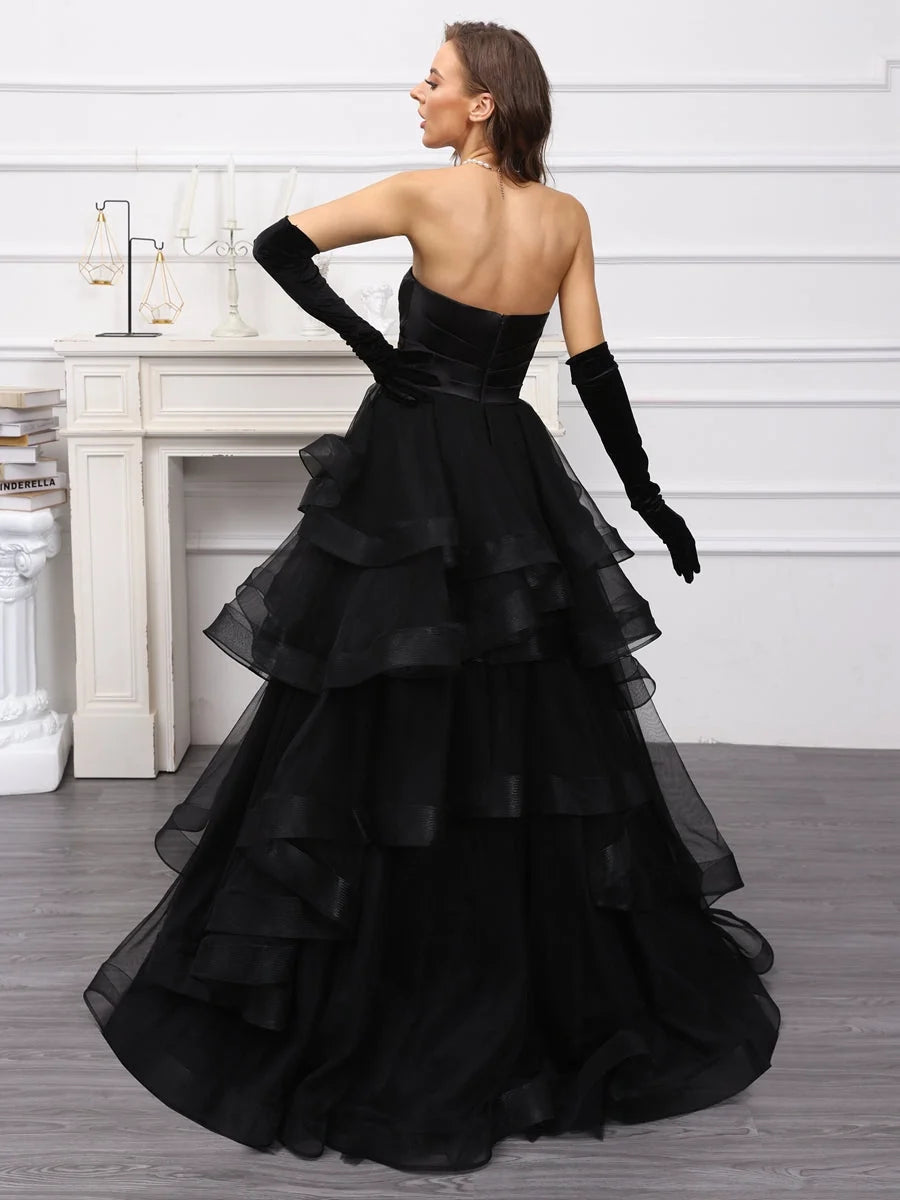 Black floor-length wedding dress, alternate view showing the dress shape and hem