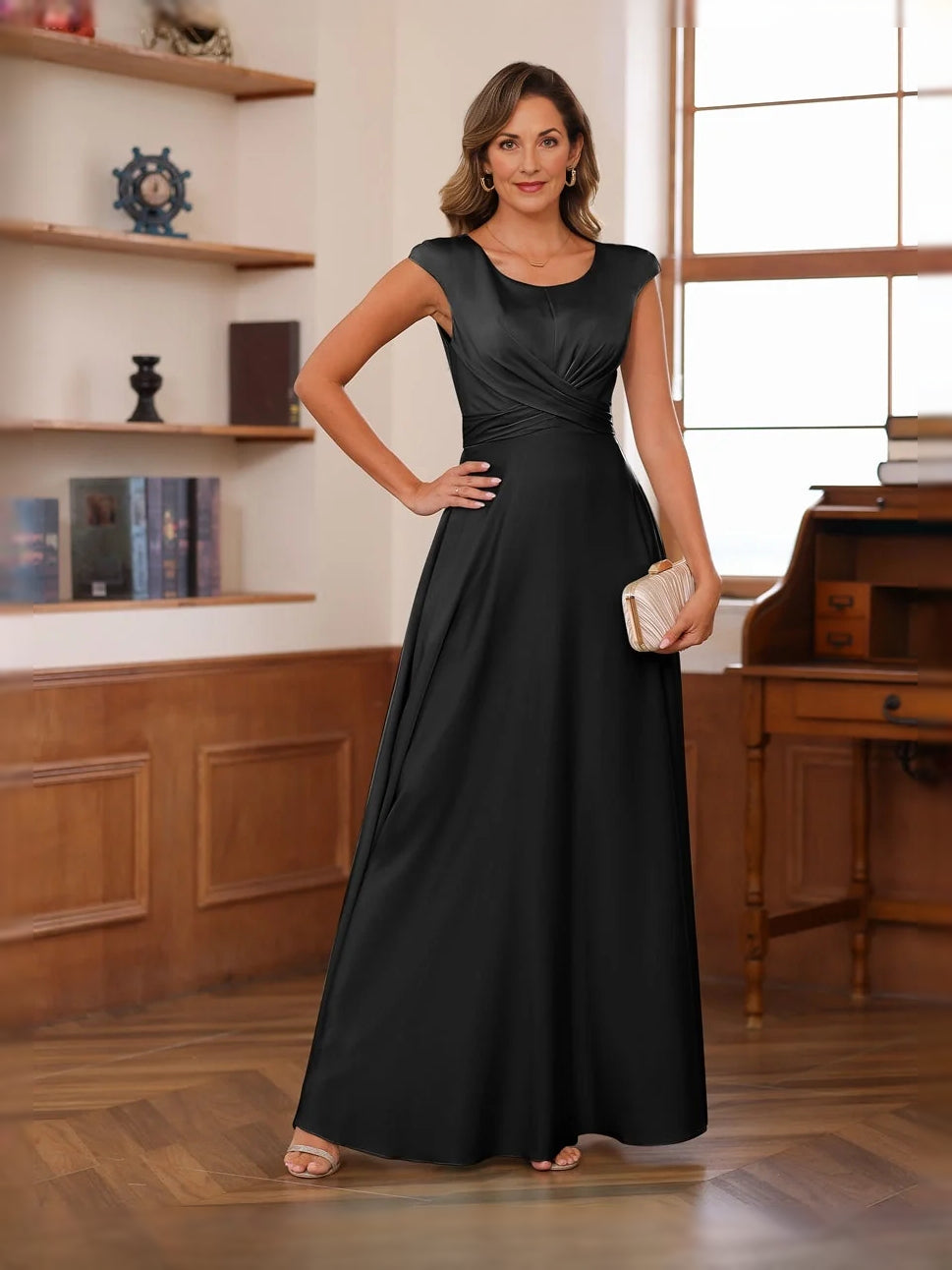 Black floor-length mother of the bride dress, alternate view showing the dress shape and hem