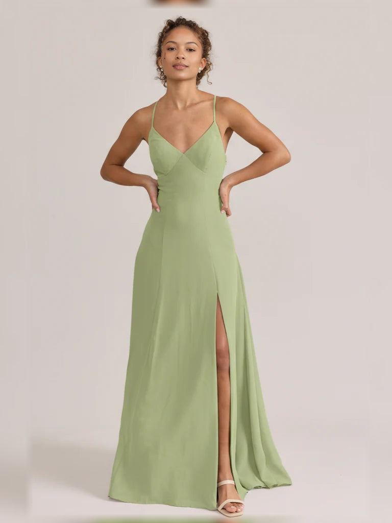 Dusty Sage maxi bridesmaid dress, alternate view showing the dress shape and hem