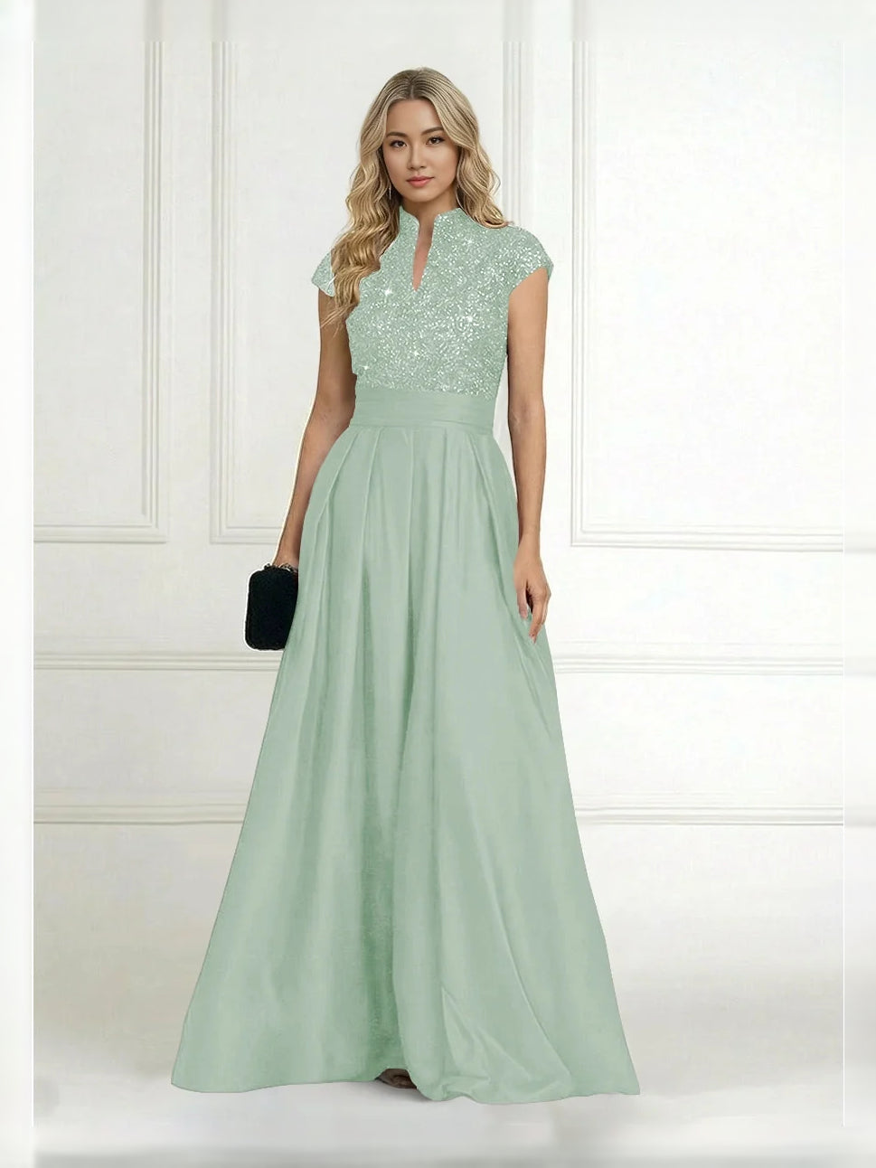 Dusty Sage floor-length mother of the bride dress, alternate view showing the dress shape and hem