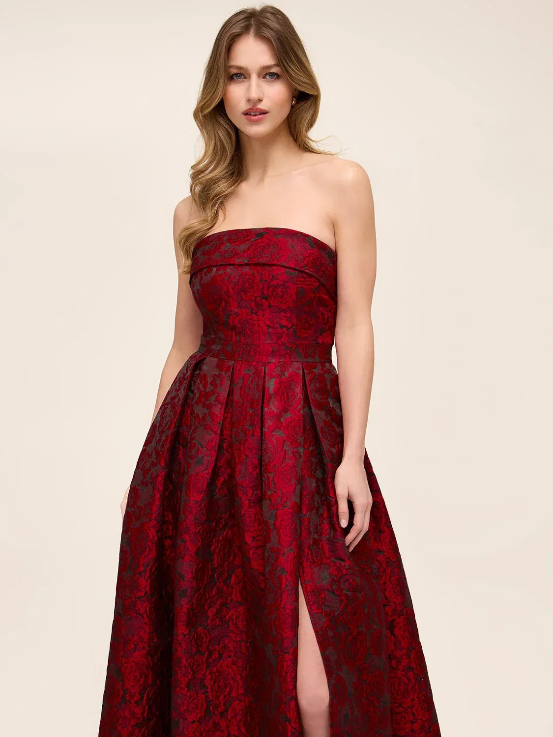 Deep Red a-line floor-length formal dress with floral print, alternate view