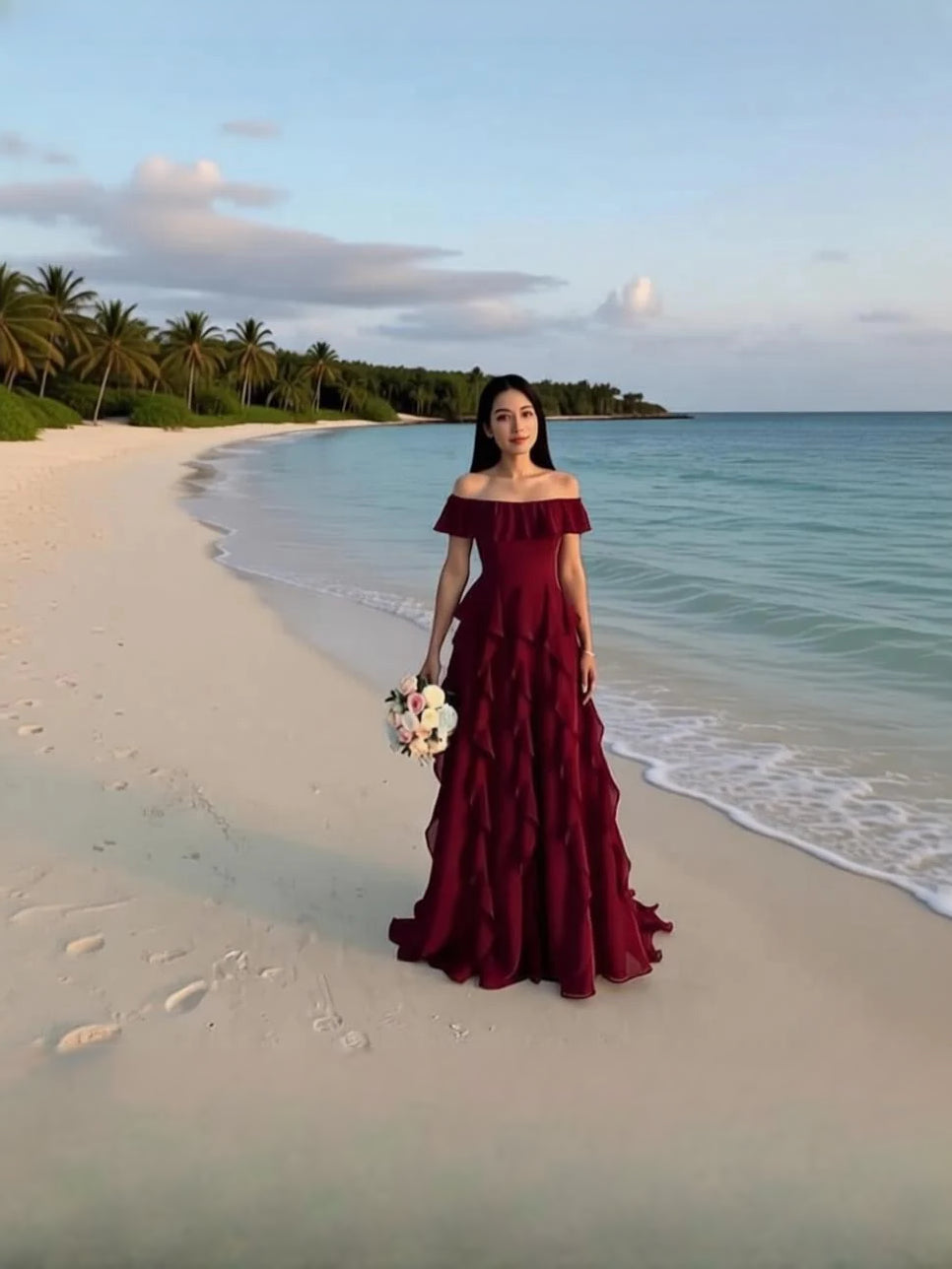 Beige maxi bridesmaid dress, alternate view showing the dress shape and hem