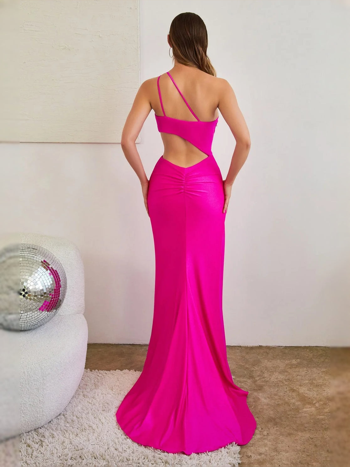 Magenta floor-length prom dress, alternate view showing the dress shape and hem