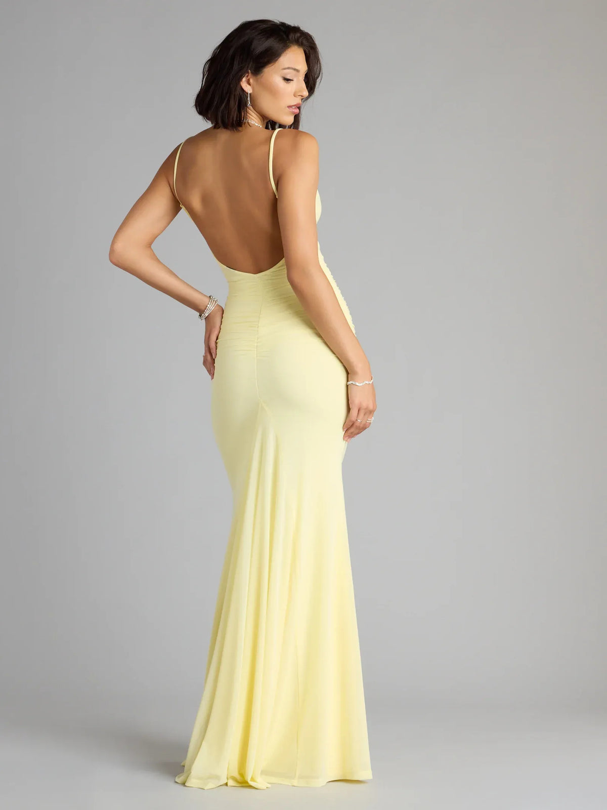 Mint Green mermaid floor-length formal dress with ruching, alternate view showing the bodice