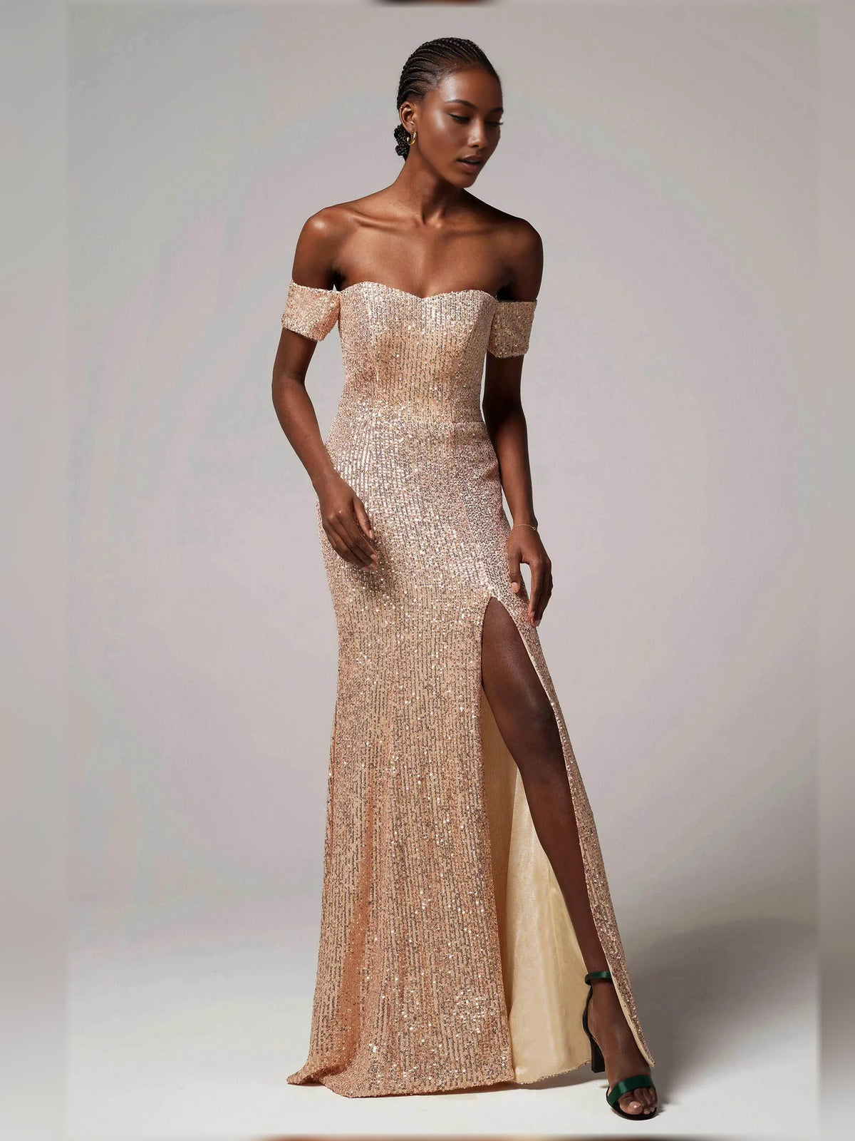 Rose Gold sheath floor-length formal dress with corset-style bodice, alternate view