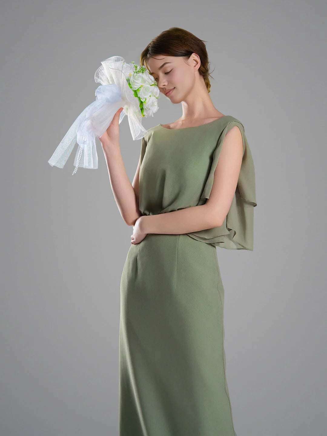 Dusty Sage floor-length bridesmaid dress, alternate view showing the dress shape and hem