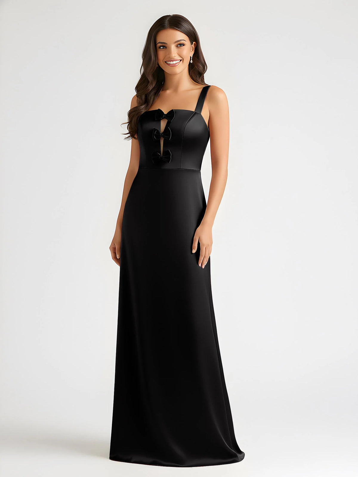 Black maxi prom dress, alternate view showing the dress shape and hem