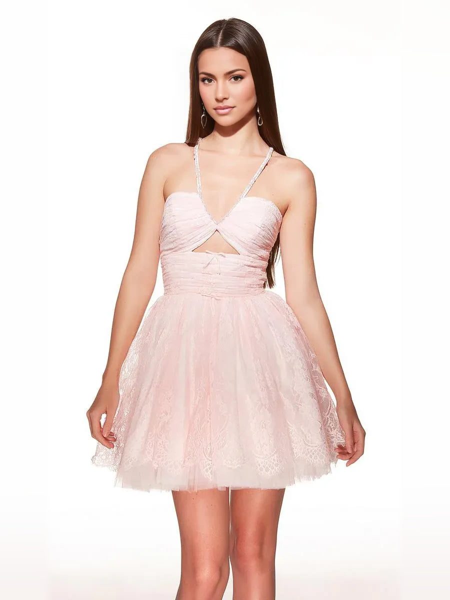 Blush Pink short homecoming dress, alternate view showing the dress shape and hem