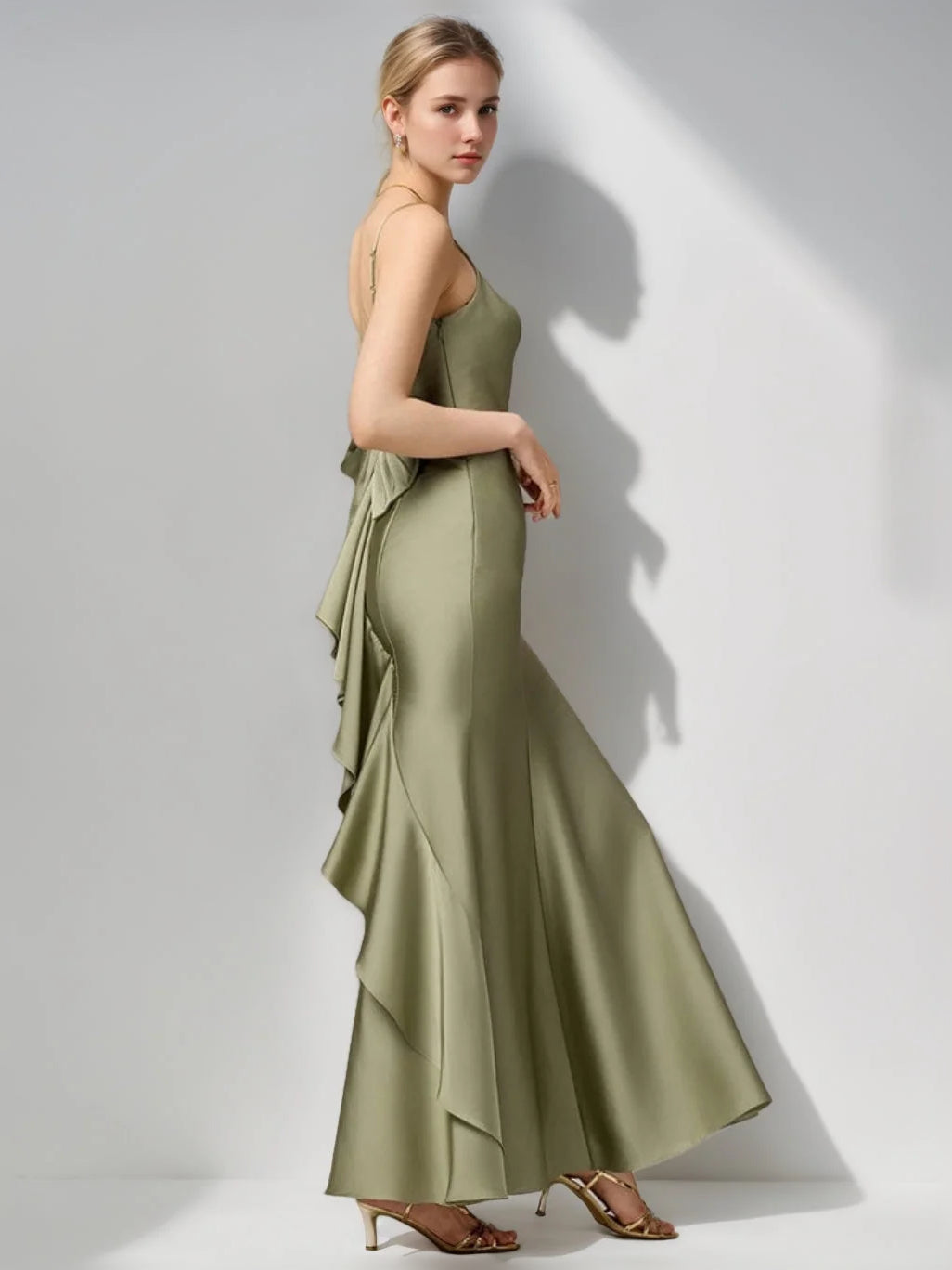 Dusty Sage floor-length bridesmaid dress, alternate view showing the dress shape and hem