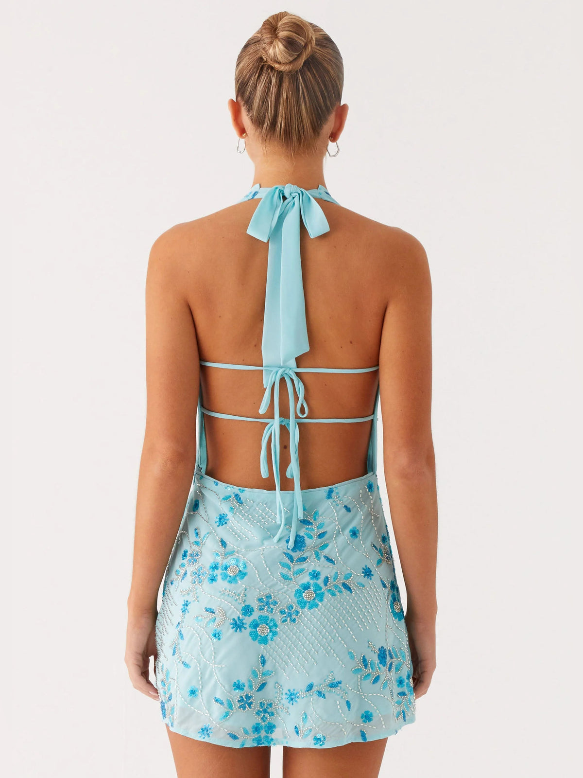 Blue mini homecoming dress, alternate view showing the dress shape and hem